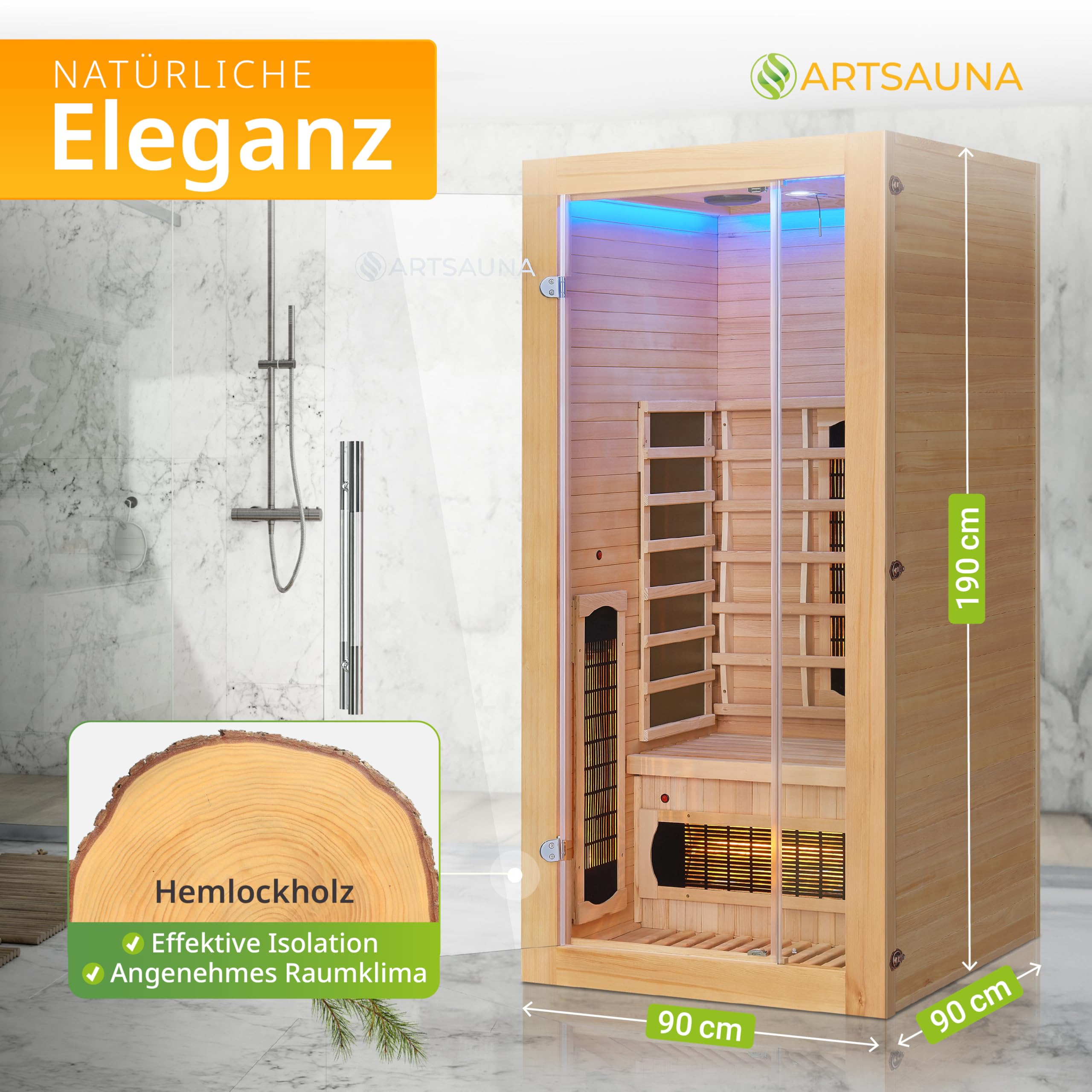 Artsauna Infrarotkabine Kiruna90 mit 4 Vollspektrum- & 3 Flächenstrahler, 1 Person, 90 x 90 x 190 cm, LED Farblicht & Glastür, Infrarotsauna Sauna