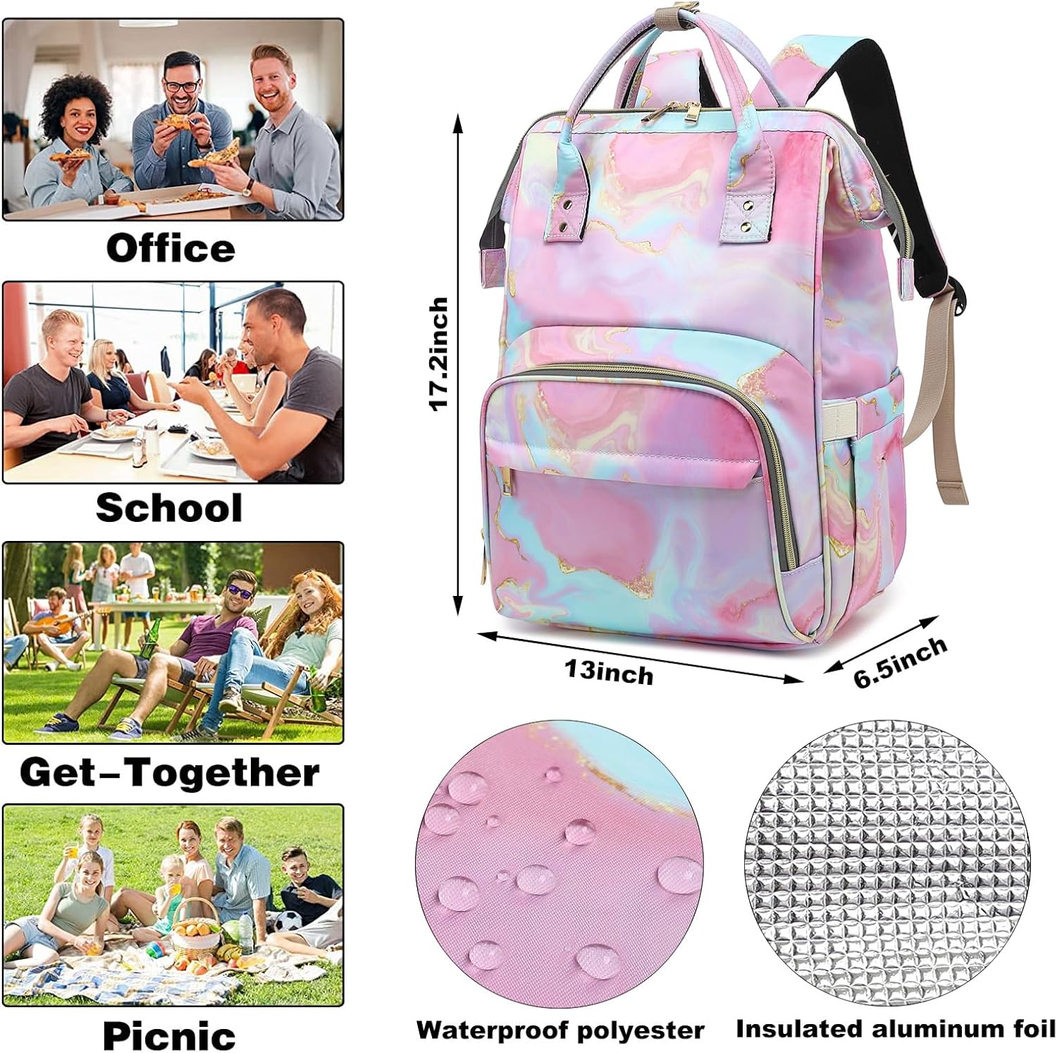 Marble Insulated Lunch Laptop Backpack Backpack for Women, Girls School Backpack College Bookbags Picnic Cooler Backpack (Pink)