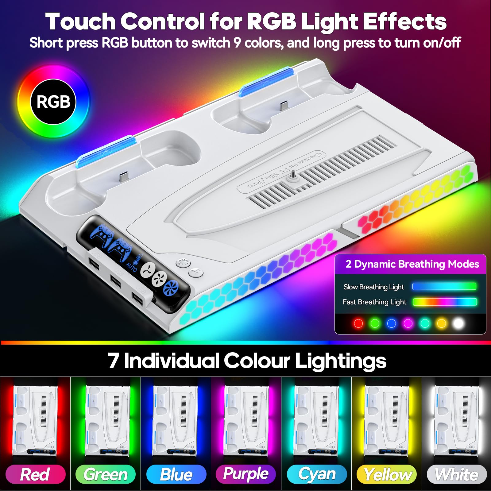 Tokluck Support de refroidissement pour PS5 Pro/PS5 Slim/PS 5 avec réglage automatique, base de charge manette PS5 avec ventilateur de refroidissement à 4 étapes, accessoires PS5 Original/Edge