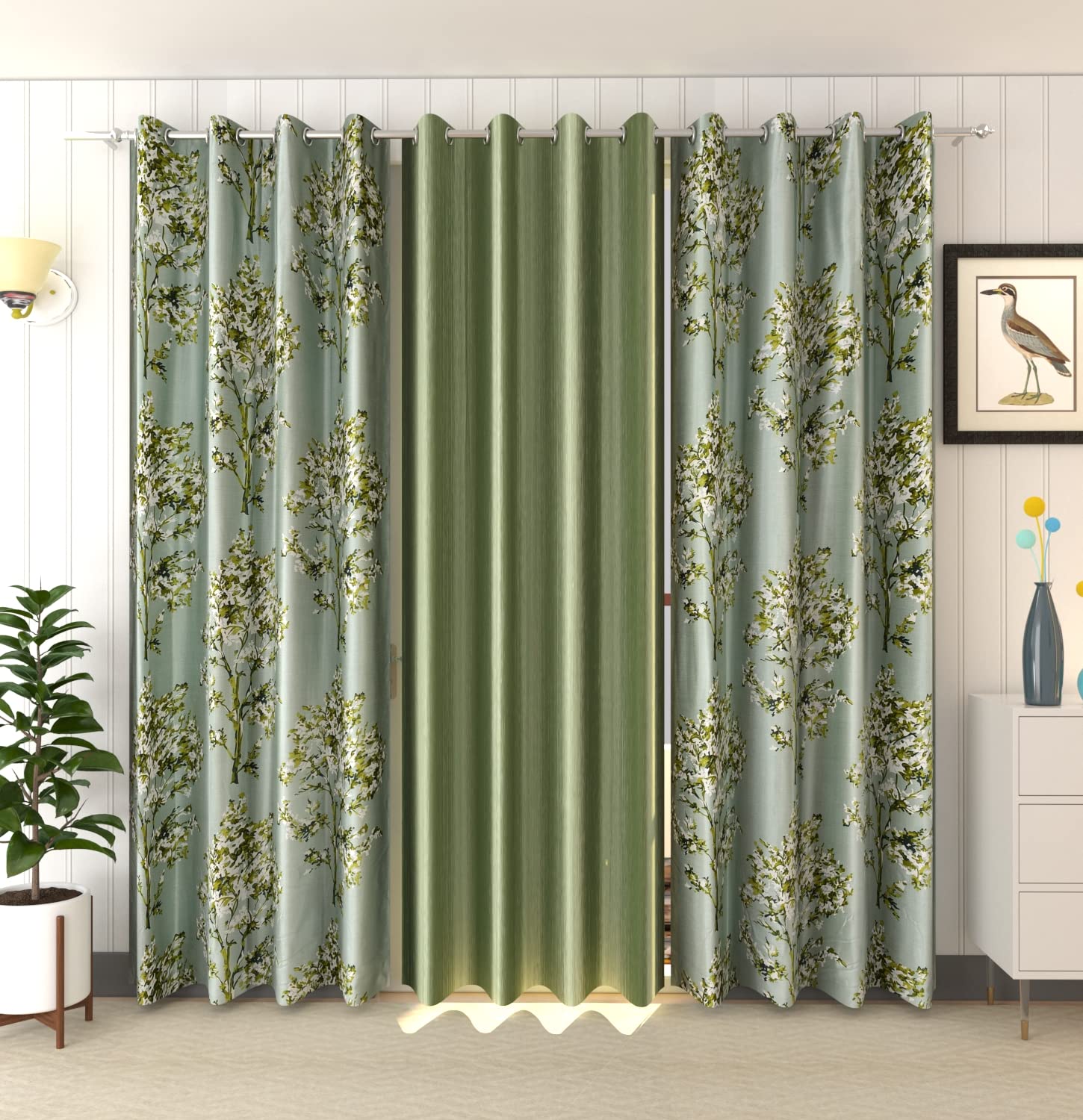 Premium Tree Printed Curtains - 8 Feet Long Door, Green -1