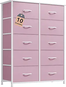 DWVO 10 Drawer Dresser - Fabric Storage Tower, Tall Chest Organizer Unit for Room, Living Room, Hallway, Closets - Sturdy Steel Frame, Wooden Top & Easy Pull Fabric Bins, Pink