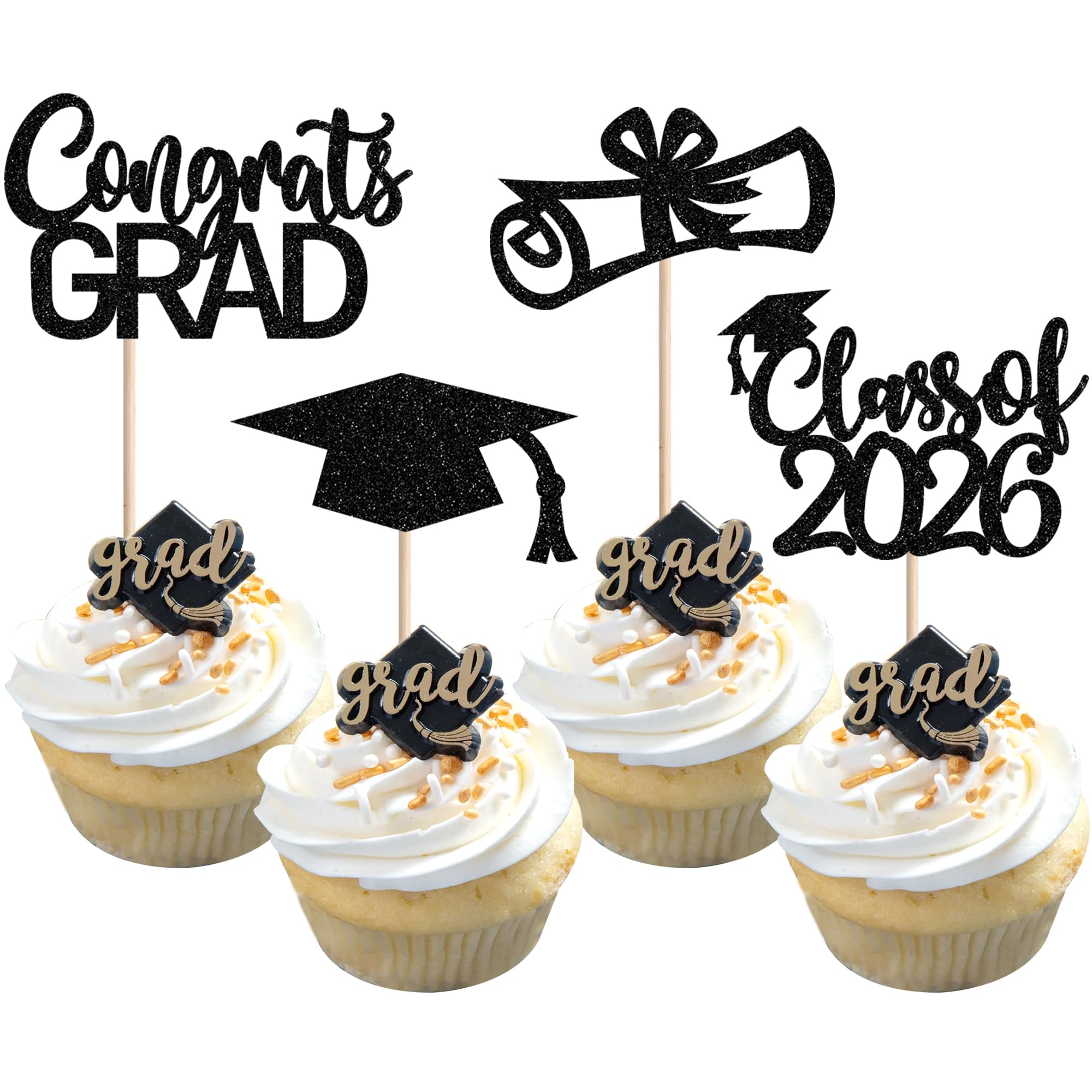 Xsstarmi 36 Pack Class of 2026 Cupcake Toppers Glitter Graduation Hat Diploma Done Cupcake Picks Congrats Grad Cake Decorations for 2026 Graduation Theme Celebrate Party Supplies Black โ image 1