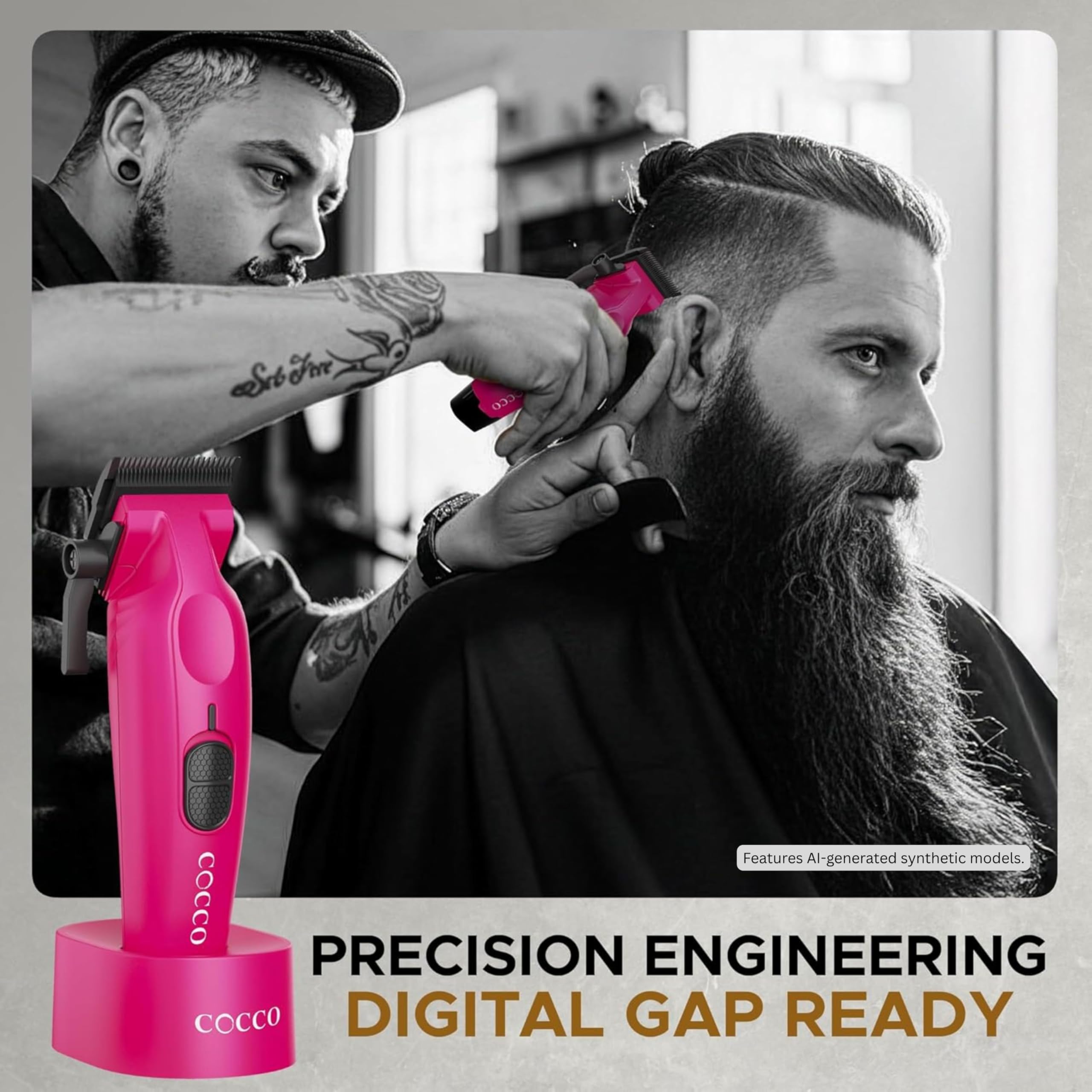 Cocco Hyper Veloce Pro Clipper, Graphene Taper Blade, High Torque BLDC Motor, All-Metal, Cordless, Stazione di ricarica inclusa (rosa)