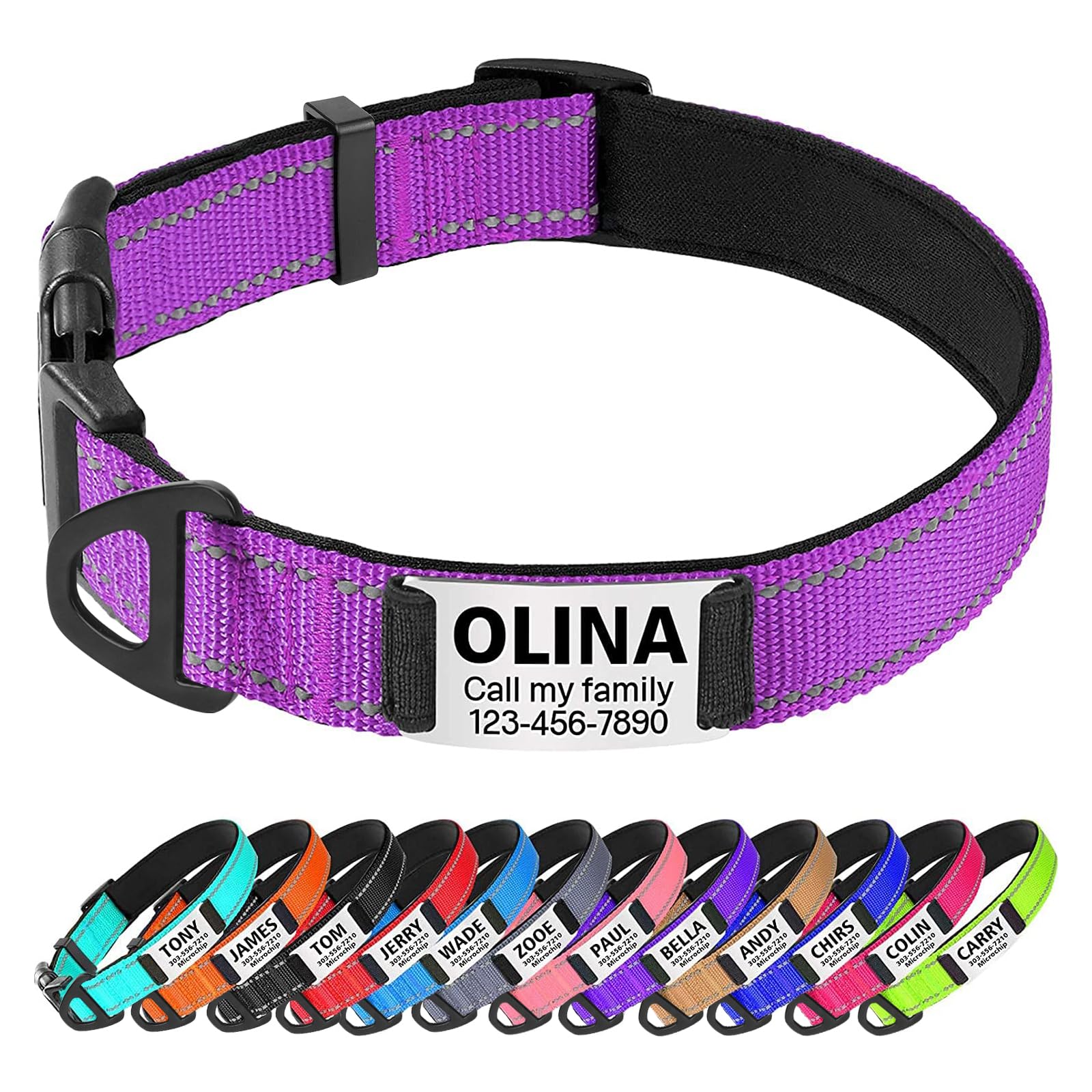 TagME Personalized Dog Collar with Name Plate, Custom Reflective Pet Collars with Engraved Slide on ID Tags for Puppy,Purple