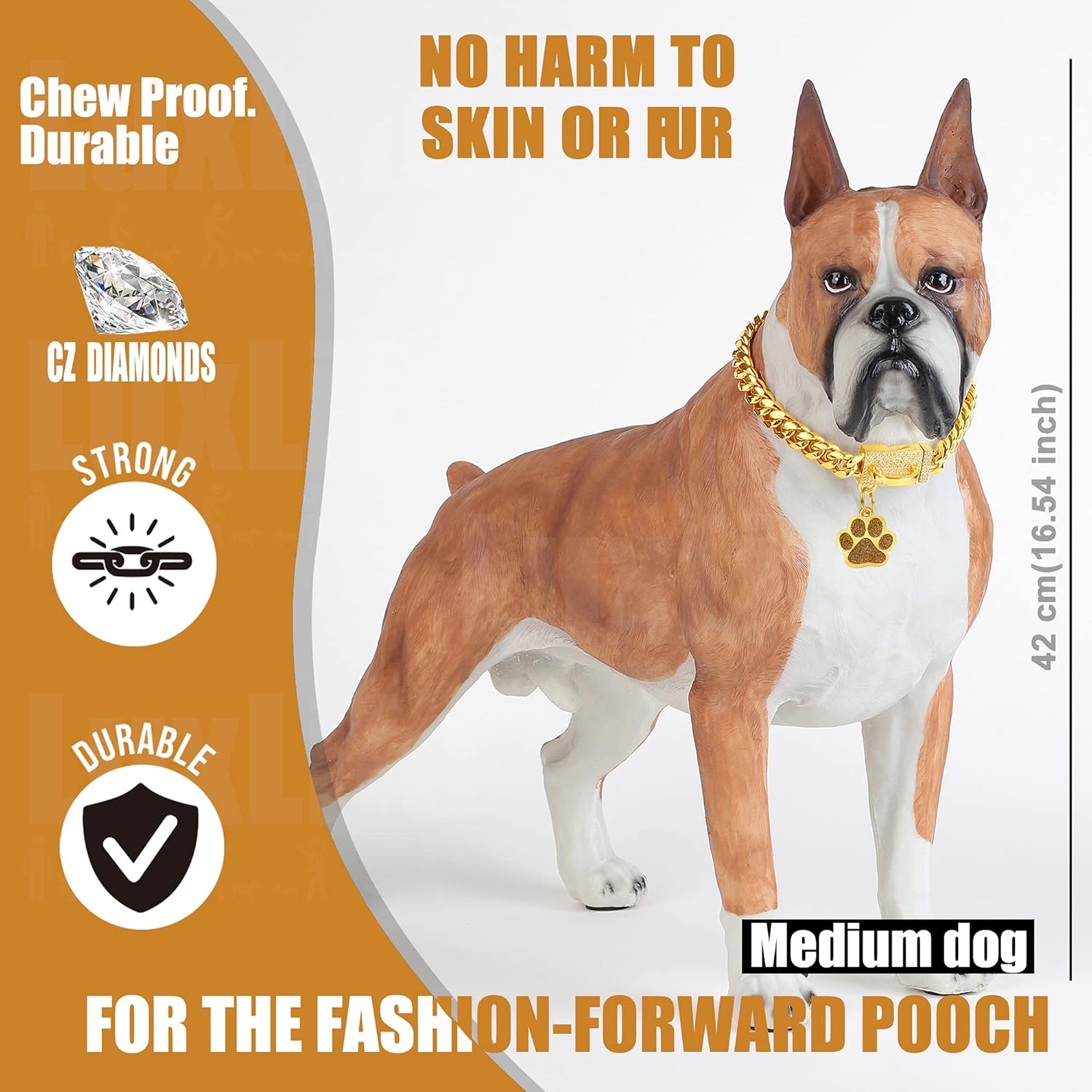 Gold Cuban Link Dog Collar 10mm Stainless Steel With CZ Diamond Buckle Bling for Puppy Small Medium Large Dogs - Includes Tag & Bell (24")