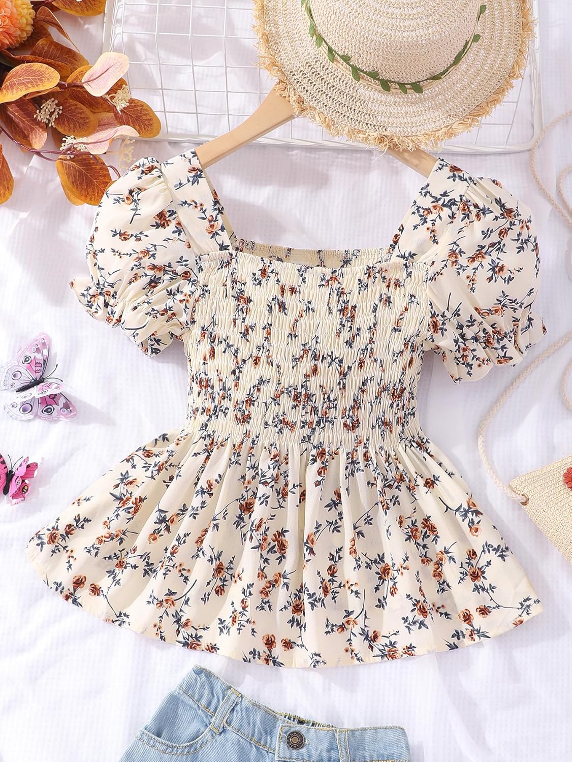 Seechoslo 2025 Tween Girls’ Cute Short Sleeve Square Neck Smocked Elastic Short Sleeve Woven Shirt Top - Image 3