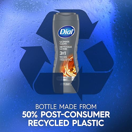 Miniatura 8 de Dial Lavado 3 en 1 para cuerpo, cabello y cara para hombre, limpieza definitiva, 16 onzas líquidas, paquete de 4, aroma a madera ámbar, limpia
