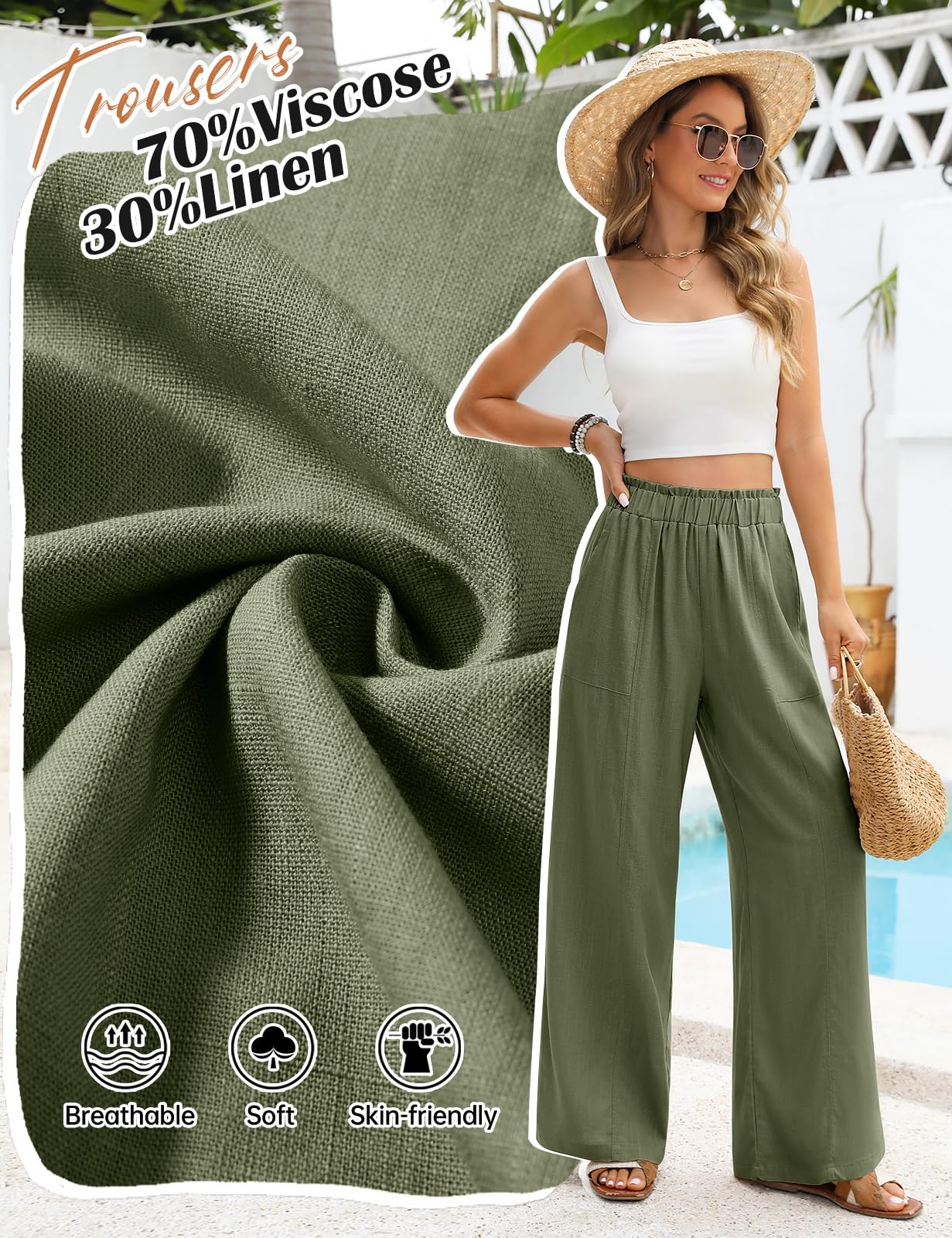 Niwicee Pantalon Fluide Femme Été Pantalon Lin Taille Haute Elastique Pantacourt Jambes Larges Ample Décontractée Palazzo Élégant Pants Solide Coupe Droite Pants avec Poches