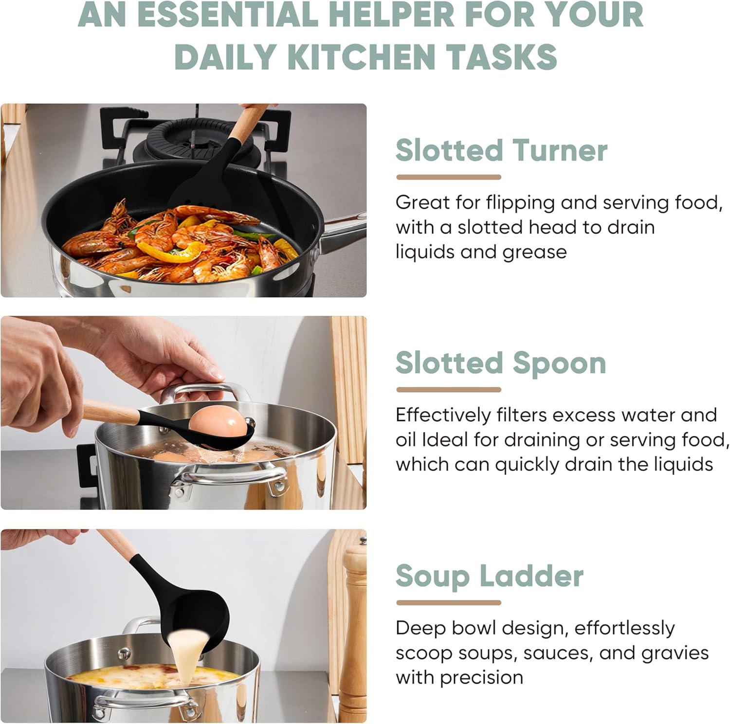 Herogo 5-Piece Mixing Bowls with Lids, 3 Grater Attachments, 5-Piece Cooking Utensils Set, Black