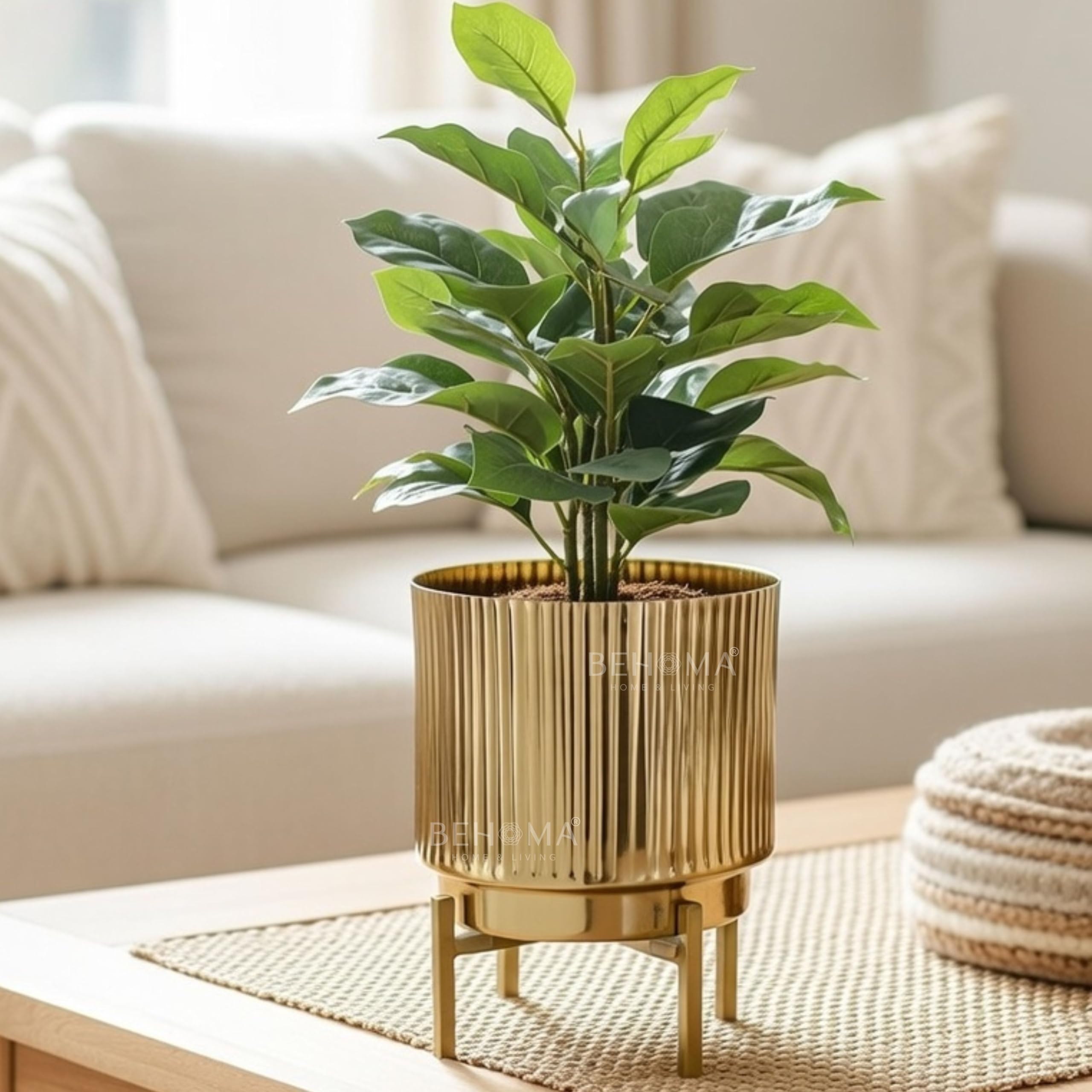 Gold Fluted Planter with Stand - Elegant Home Decor -10