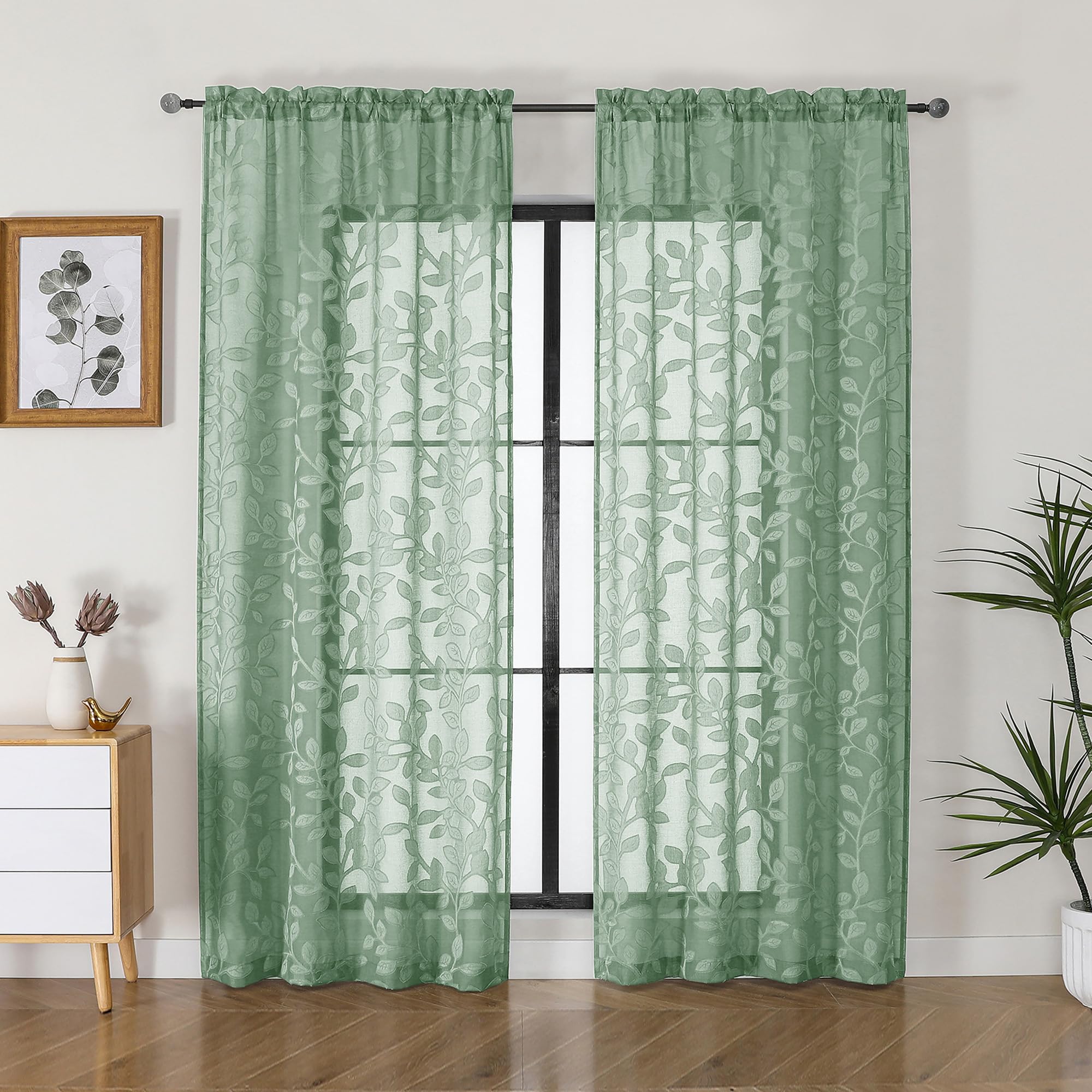 OVZME Sage Green Sheer Curtains 72 inches Long 2 Panels for Living Room, Jacquard Clip Leaf Pattern Textured Light Filtering Window Semi Sheer Voile