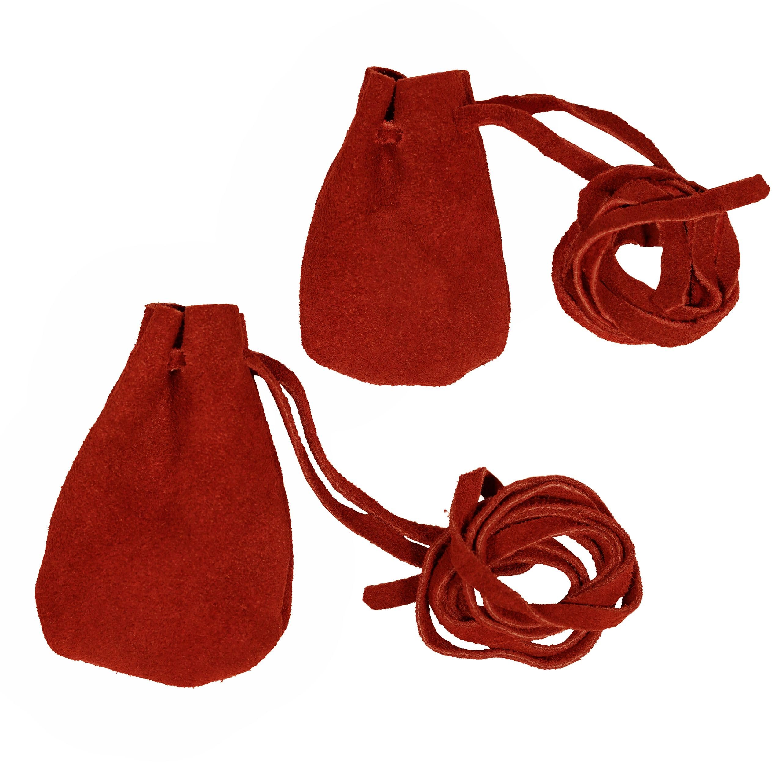 Mythrojan Small Trinket Pouches Set of 2, Suede Leather Drawstring Coin &amp; Dice Bags for LARP, SCA, Viking &amp; Medieval Events Red - Pack of 2
