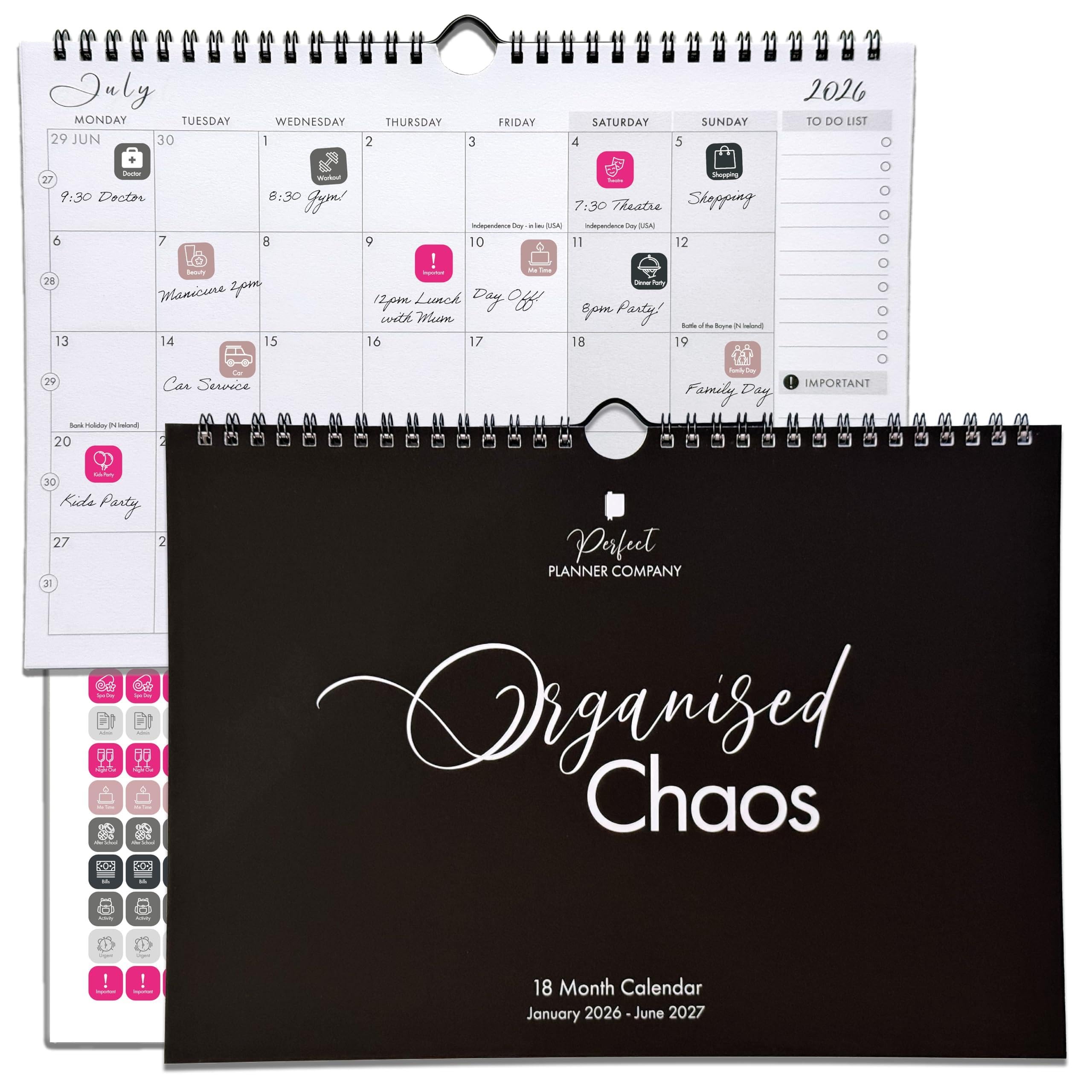 Family Wall Calendar 2026-2027 A4 with Stickers. Month to View, January 26 to June 27 (18 Month) Family & Couples Calendar Organiser, Student, Home & Office. Perfect Planner Company.