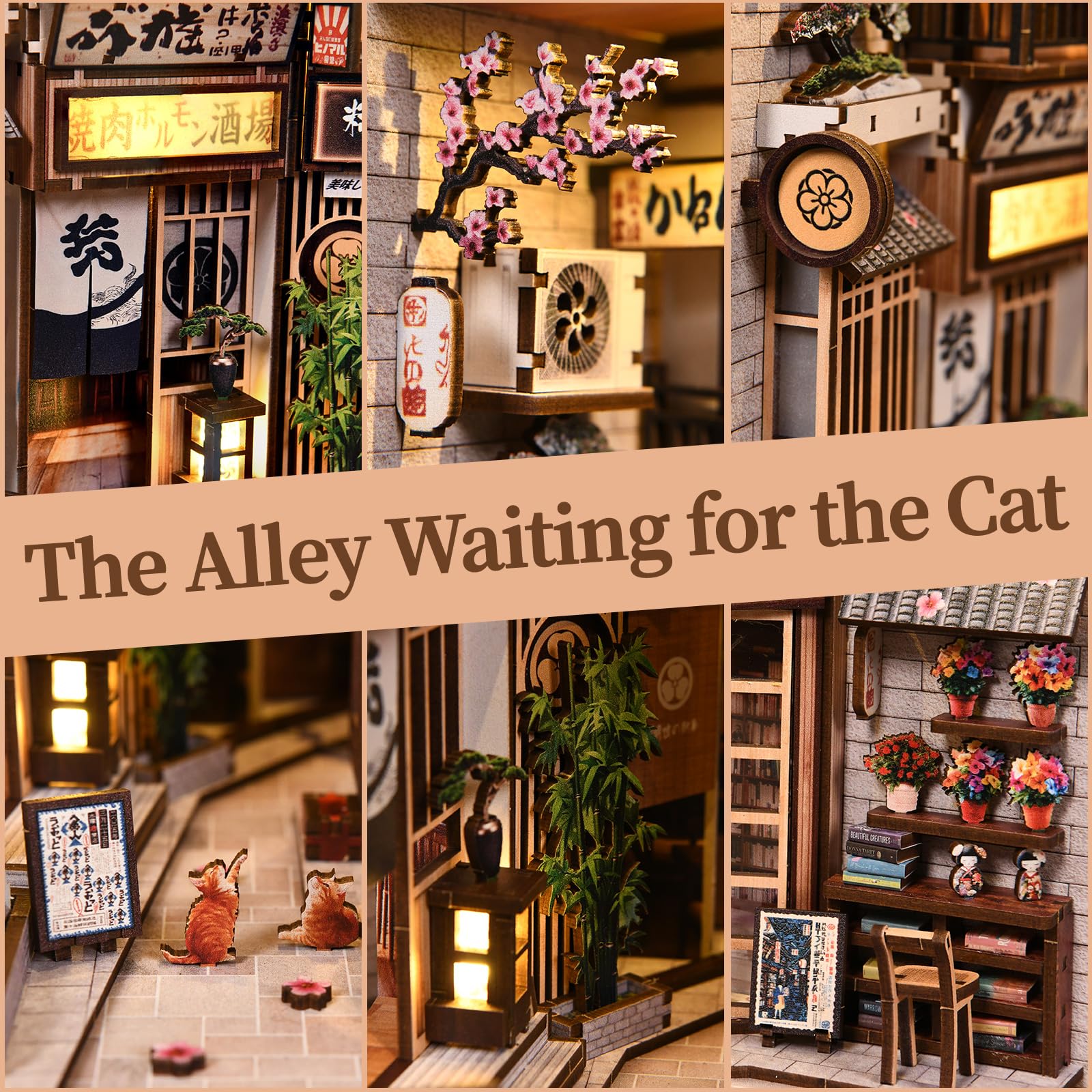 Book Nook Kit para niños y Adultos, Modelo de Estilo japonés The Alley Waiting for The Cat,Miniatura Puzzle 3D de Madera con Luz LED,Creativa Decoración Hogareña y Regalo Original