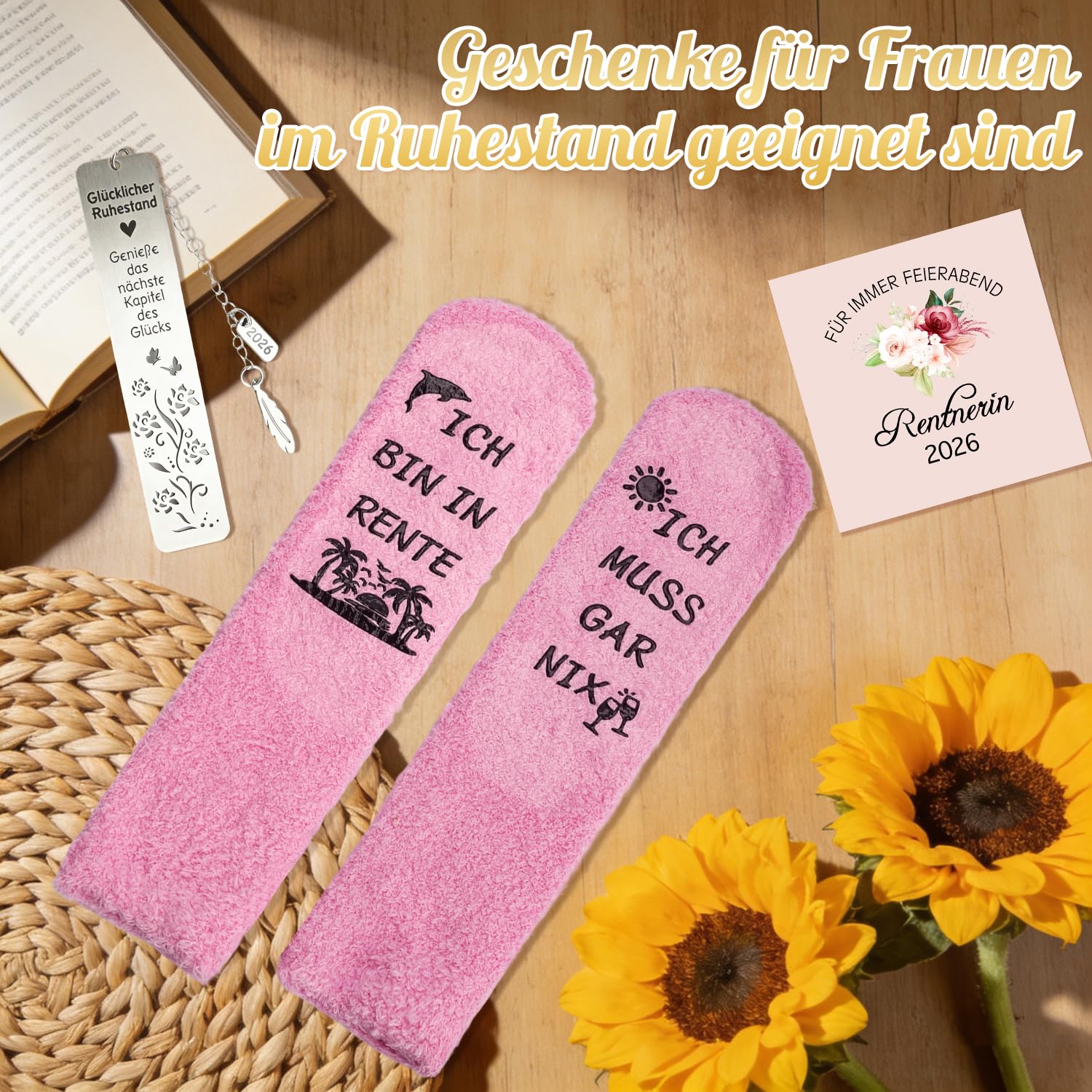 Renteneintritt Geschenk Frau, Ruhestand Geschenk Frauen 8 Stück Set mit Weinbecher aus Edelstahl, Lustige Socken, Jutetasche, Geschenkideen zum Renteneintritt 2026 für Rentne Frau, Lehrerin, Kollegin