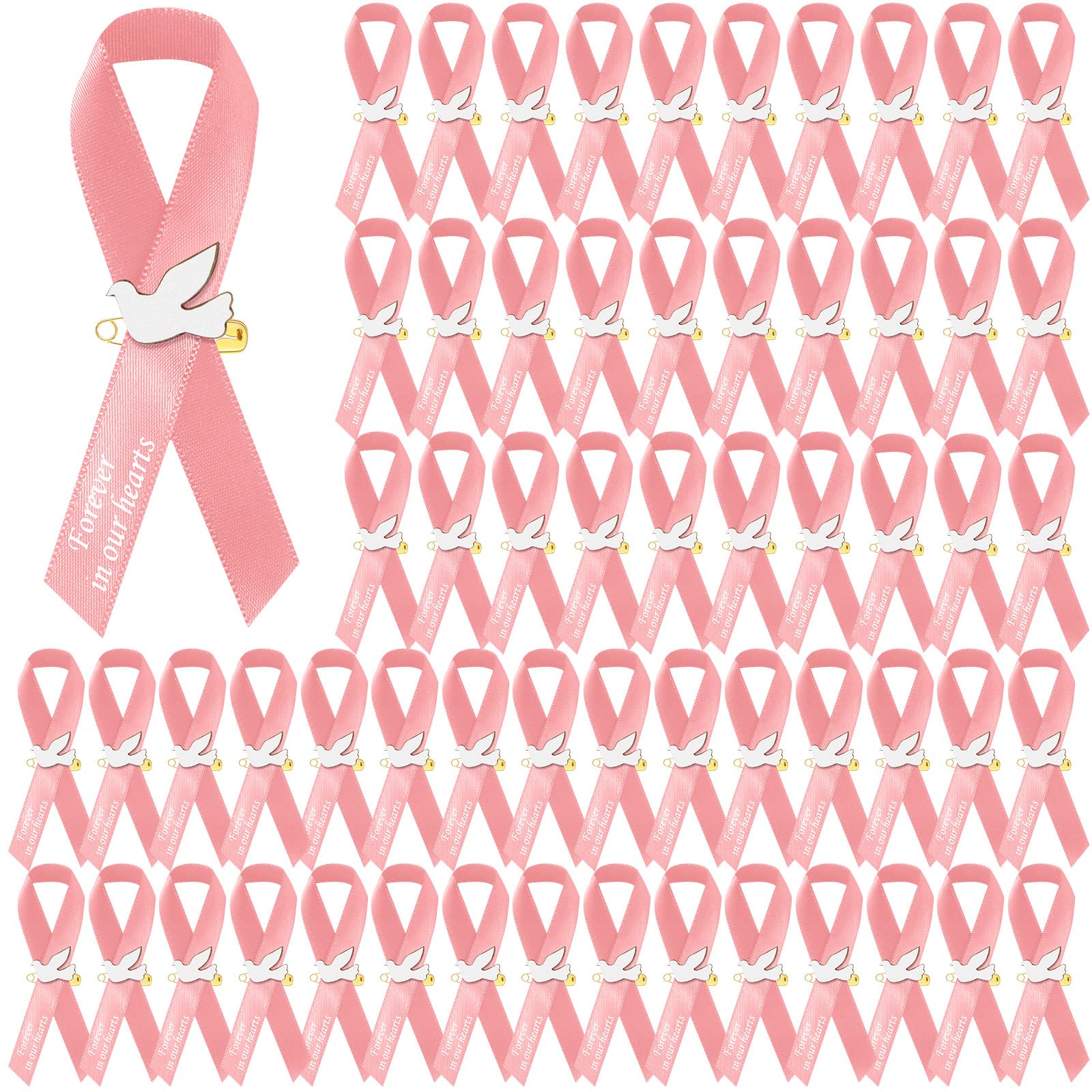 50 Pcs Dove Funeral Ribbons Memorial Ribbon Funeral Pins Classic Memorial Service Respect Ribbon Bow with Safety Pins and Dove for Mourning Remembrance Day Event (Pink) โ image 1
