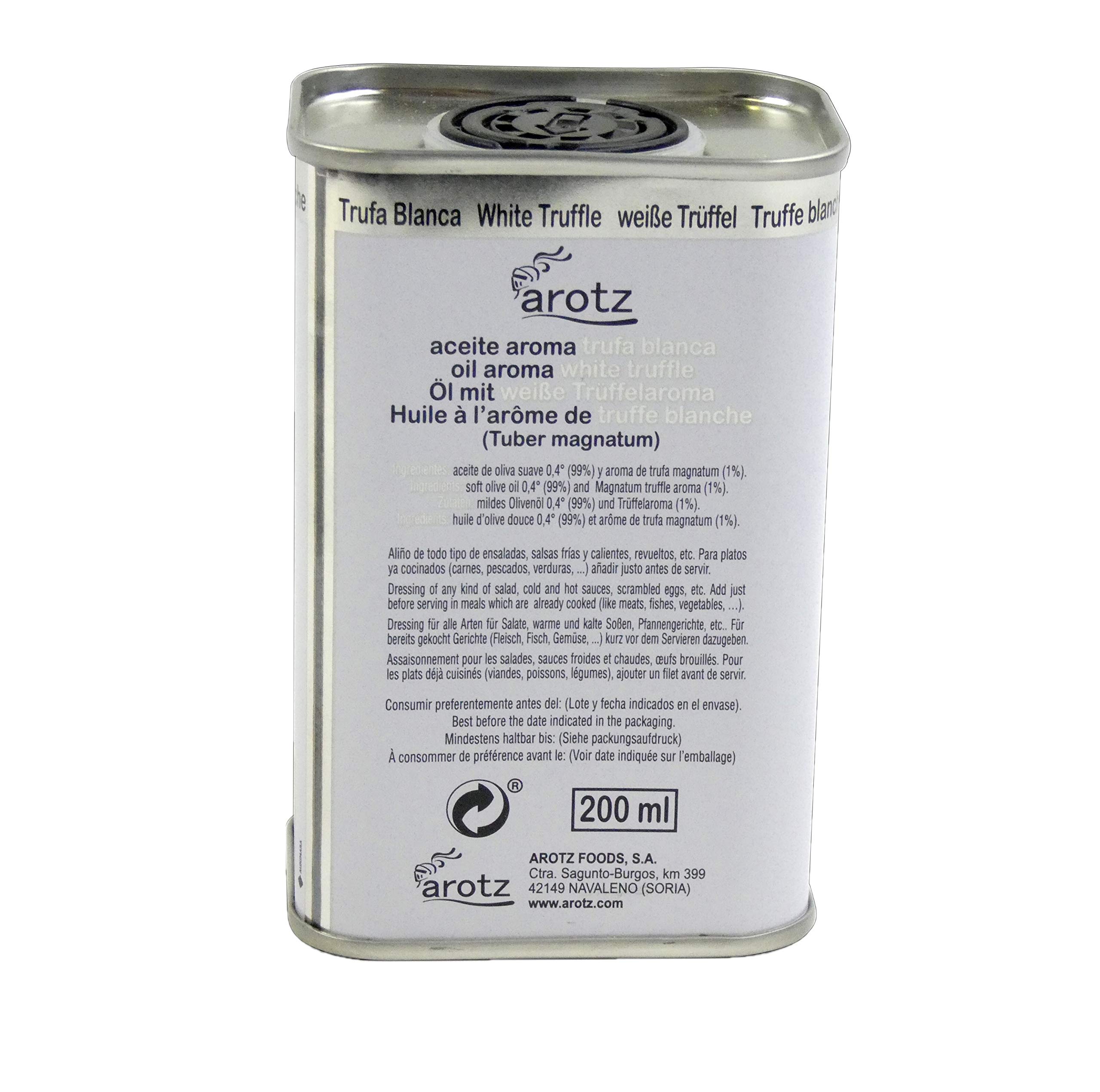 Olio all'aroma di tartufo bianco vero. Lattina di olio al tartufo da 200 ml. Tocco gourmet di alto livello culinario. Olio d'oliva aromatizzato.