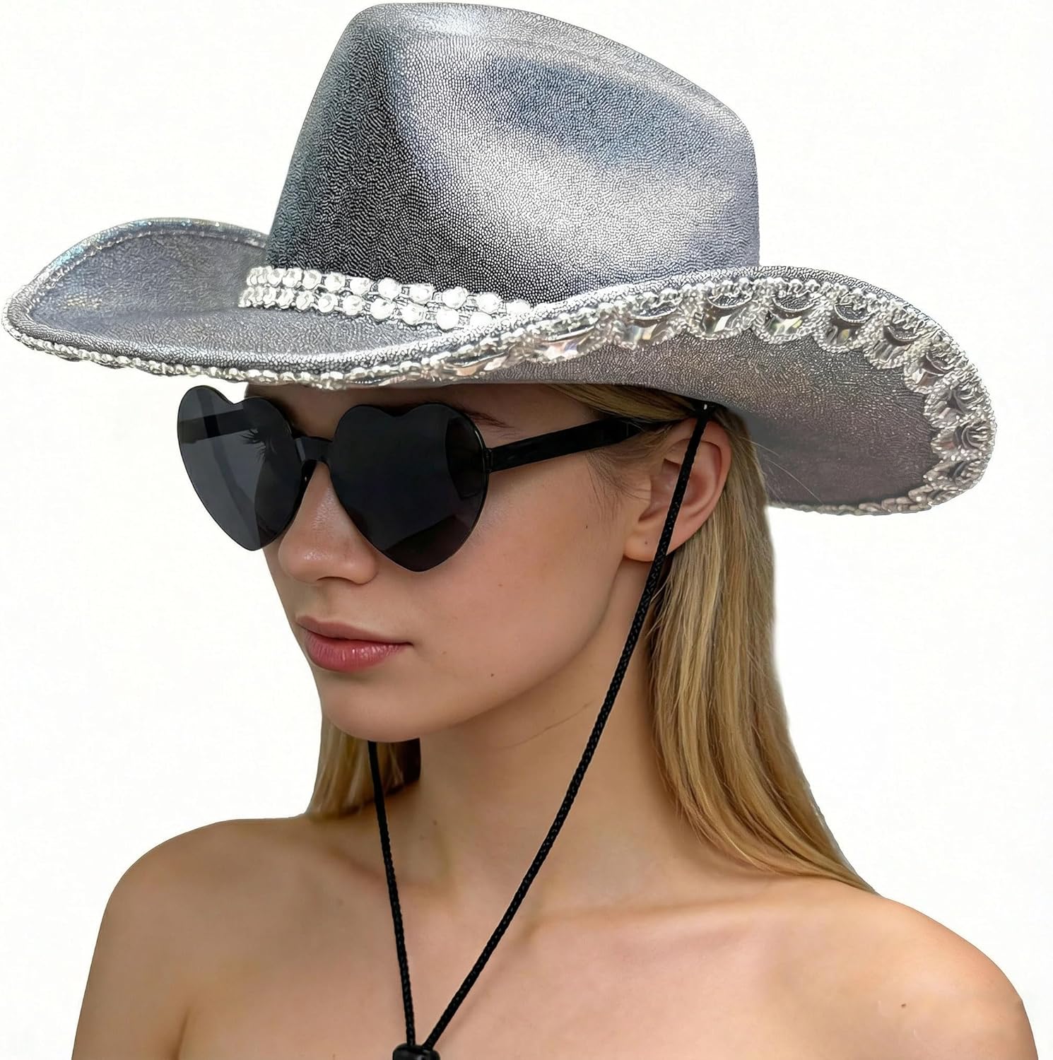 Cowboy Hat Glitter Cowgirl Hat with Sequins & Tiara Crown for Women Rodeo Party Hats with Heart Glasses - Image 8