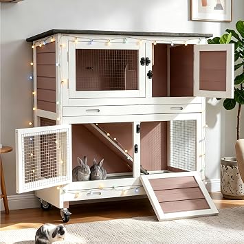 Suumerpety 36" 2-Story Wooden Rabbit Hutch with Chew-Proof Ramp, Double Leak-Proof Pull-Out Trays & 4 Lockable Wheels, Indoor Outdoor Bunny Cage for Rabbits & Guinea Pigs Brown