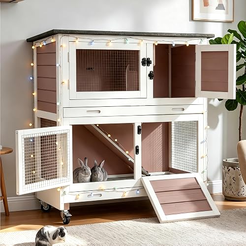 Suumerpety 36" 2-Story Wooden Rabbit Hutch with Chew-Proof Ramp, Double Leak-Proof Pull-Out Trays & 4 Lockable Wheels, Indoor Outdoor Bunny Cage for Rabbits & Guinea Pigs (Brown)