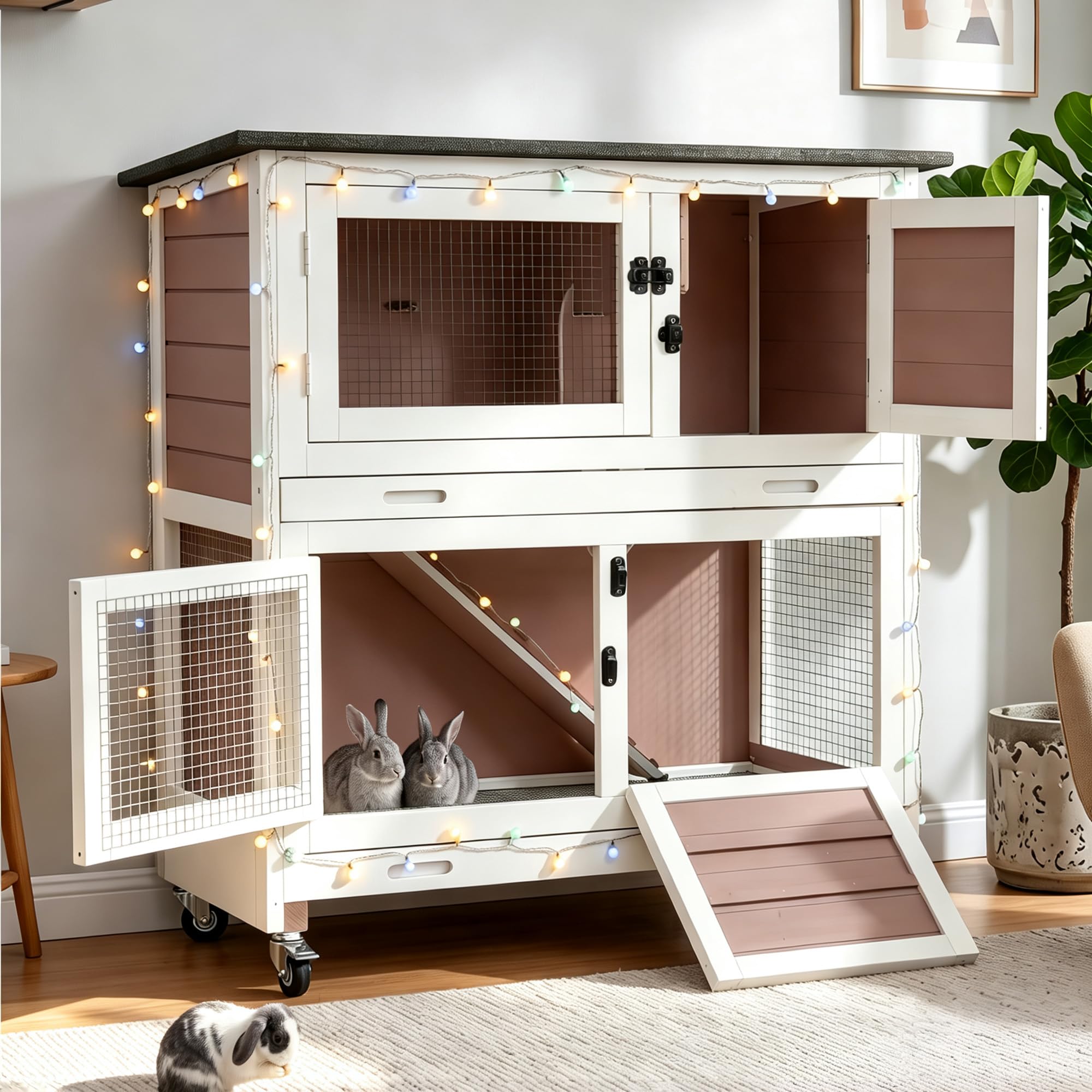 Suumerpety 36" 2-Story Wooden Rabbit Hutch with Chew-Proof Ramp, Double Leak-Proof Pull-Out Trays &amp; 4 Lockable Wheels, Indoor Outdoor Bunny Cage for Rabbits &amp; Guinea Pigs (Brown)