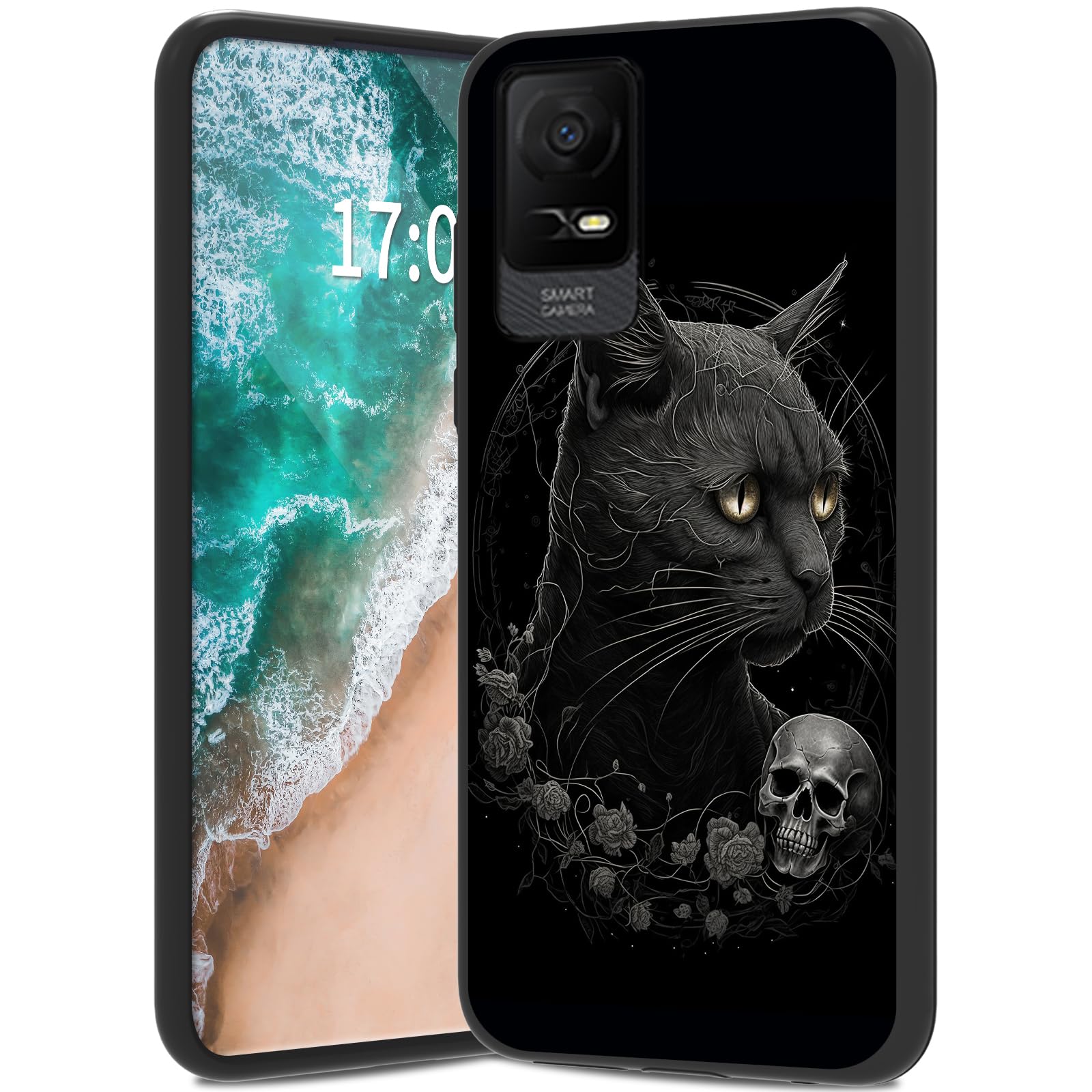 for TCL ION X Case, TCL ION V Phone Case, Flexible Soft TPU Scratch Resistant Non-Slip Shock Absorption Silicone Slim Back Case for TCL ION X/ION V 6.0"-Cat and Skull