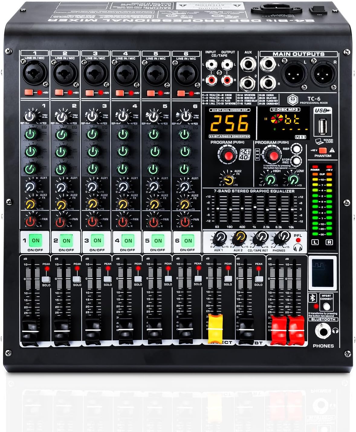 6 Channel Professional Audio Mixer with MP3 Player+Bluetooth U disk 48V Phantom Power Source USB recording for Studio Recording, Live Performances