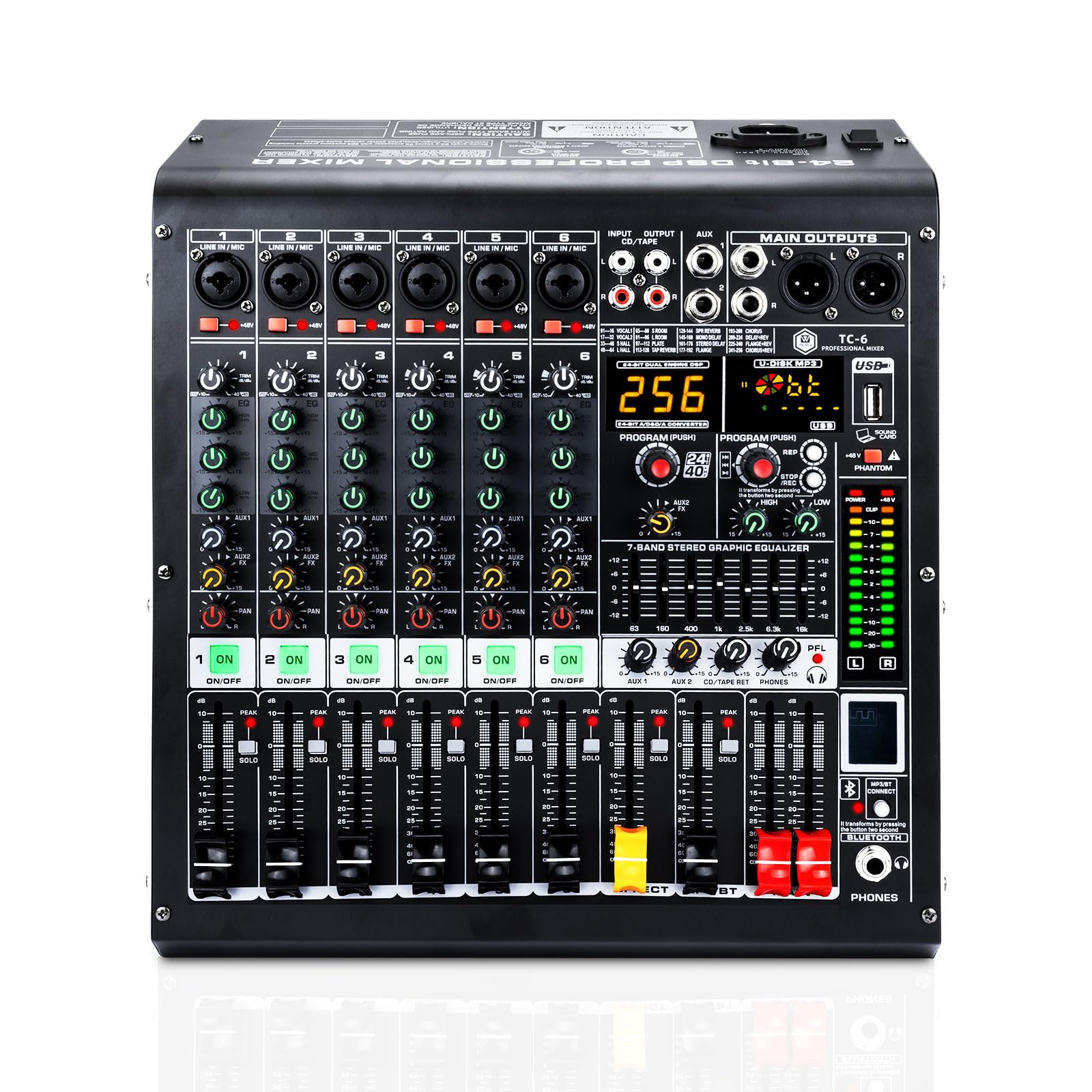 W IN-MIX Professioneller 6-K-Audio-Mixer mit MP3-Player + Bluetooth-U-Disk, 48 V Phantomspeisung, USB-Aufnahme für Studioaufnahmen, Live-Auftritte