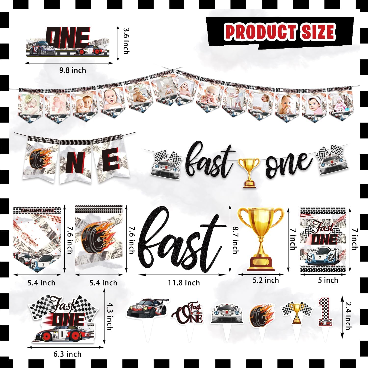 KOTLMIGHT Fast One Birthday Decorations for Boys, 1st Race Car Theme Party Decor Supplies for Baby - Backdrop, Photo Banner, Tablecloth, Fast One Centerpieces, Flags, Fans Pompoms, Wall Signs