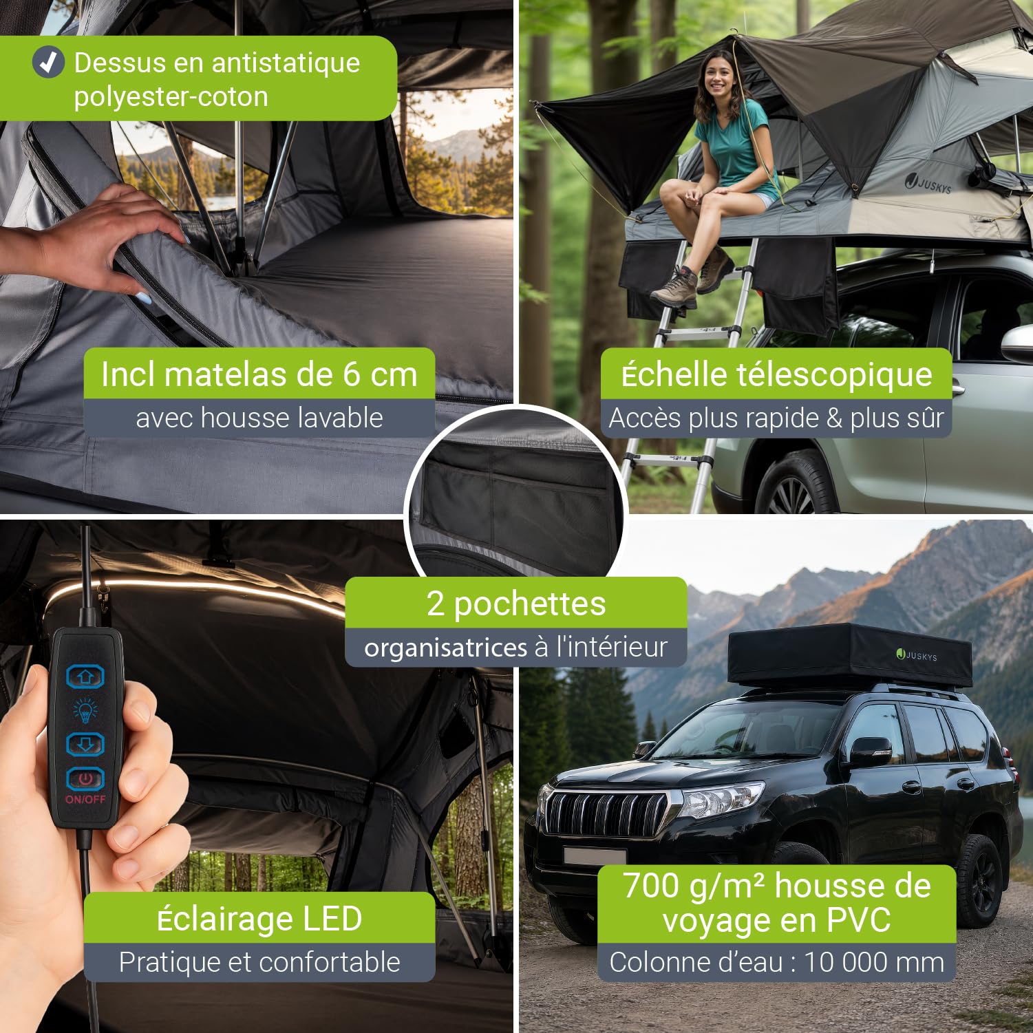 Juskys Tente de toit Lago pour voiture, construction robuste, imperméable et protection UV, tente de toit de voiture, camping, éclairage LED