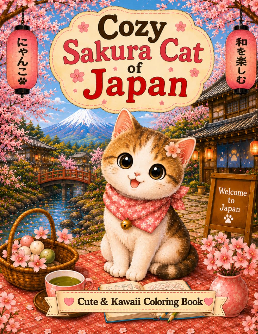 Cozy Sakura Cat of Japan: Relaxing Japanese Cat Coloring Pages with Sakura Flowers