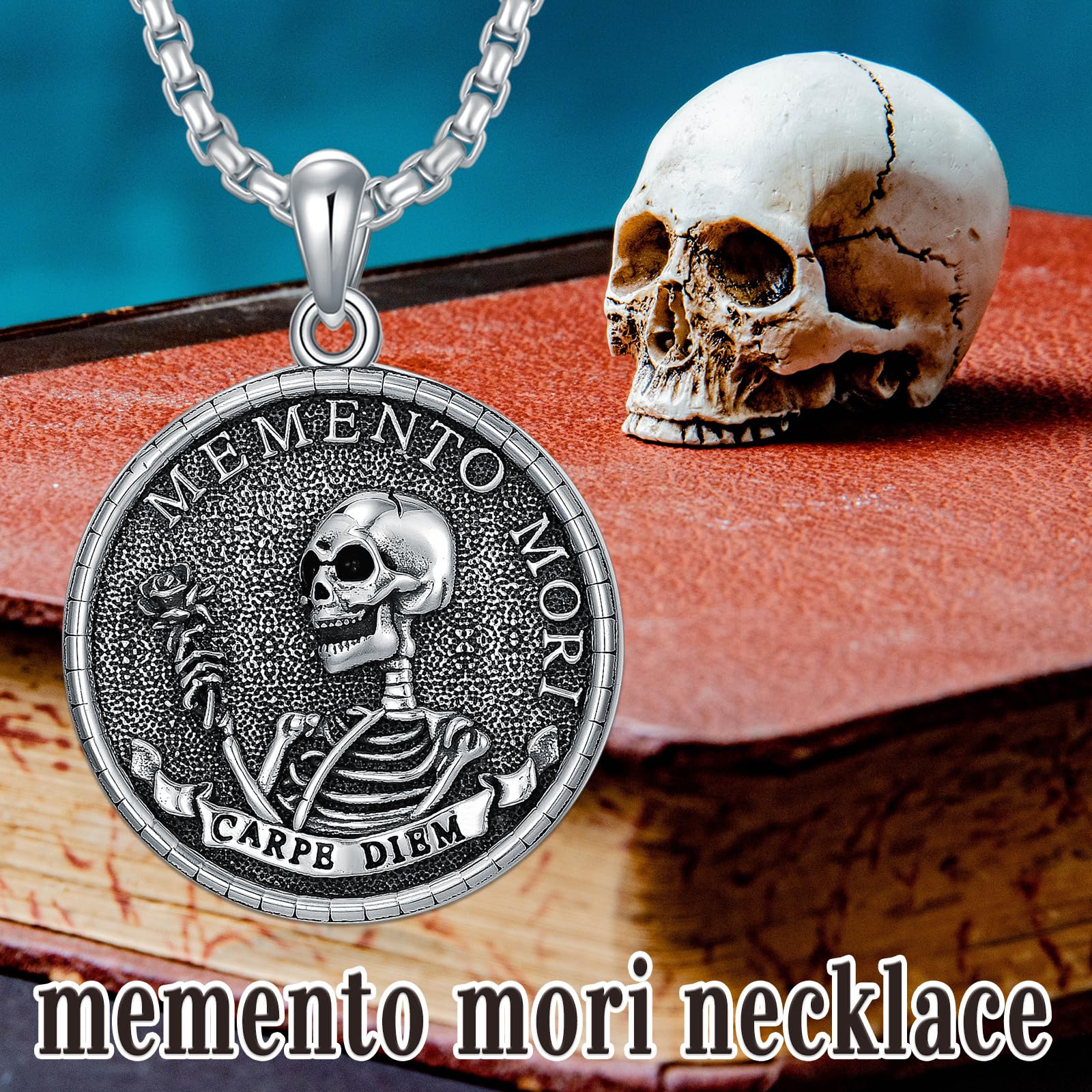 ROMANTICWORK Memento Mori naszyjnik ze srebra wysokiej próby 925, wisiorek Memento Mori, gotycka, trupia czaszka, biżuteria, prezent dla mężczyzn i kobiet