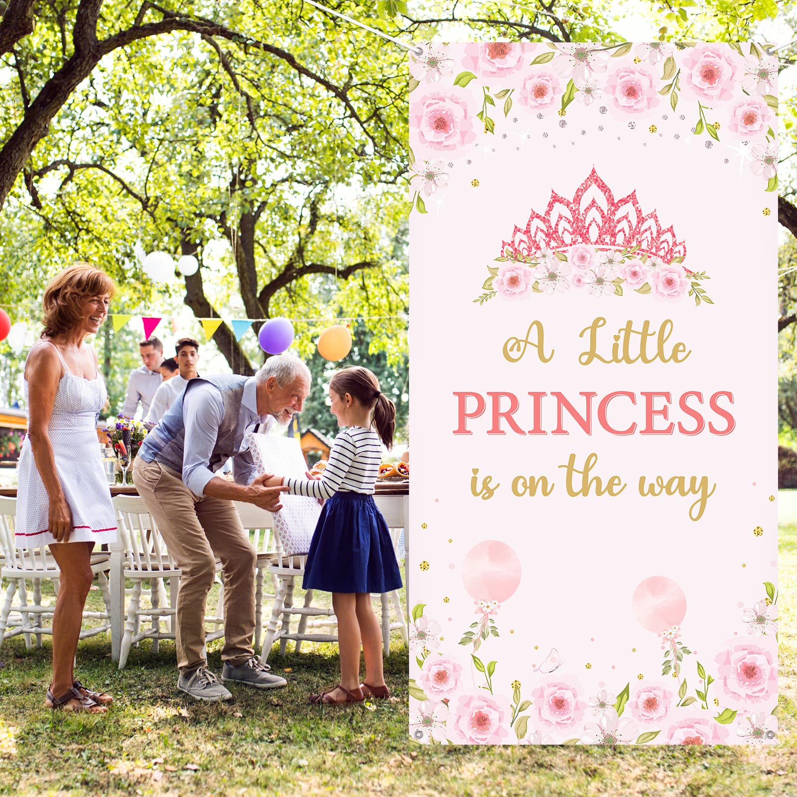 Decoración de pancarta de puerta de baby shower con texto en inglés "A Little Princess is on the Way", decoración de fiesta de revelación de género, fondo de fotografía de baby shower, rosa