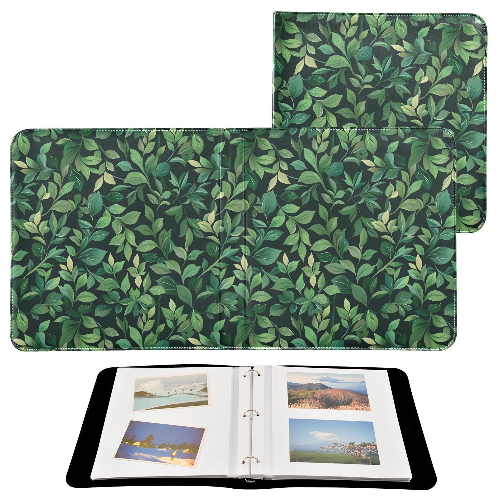 JIPONI Green Leaves Large Photo Album, DIY Leather Cover Scrapbook Albums for 4x6 5x7 6x8 Pictures, Self Adhesive Memory Book for Wedding, Baby, Family