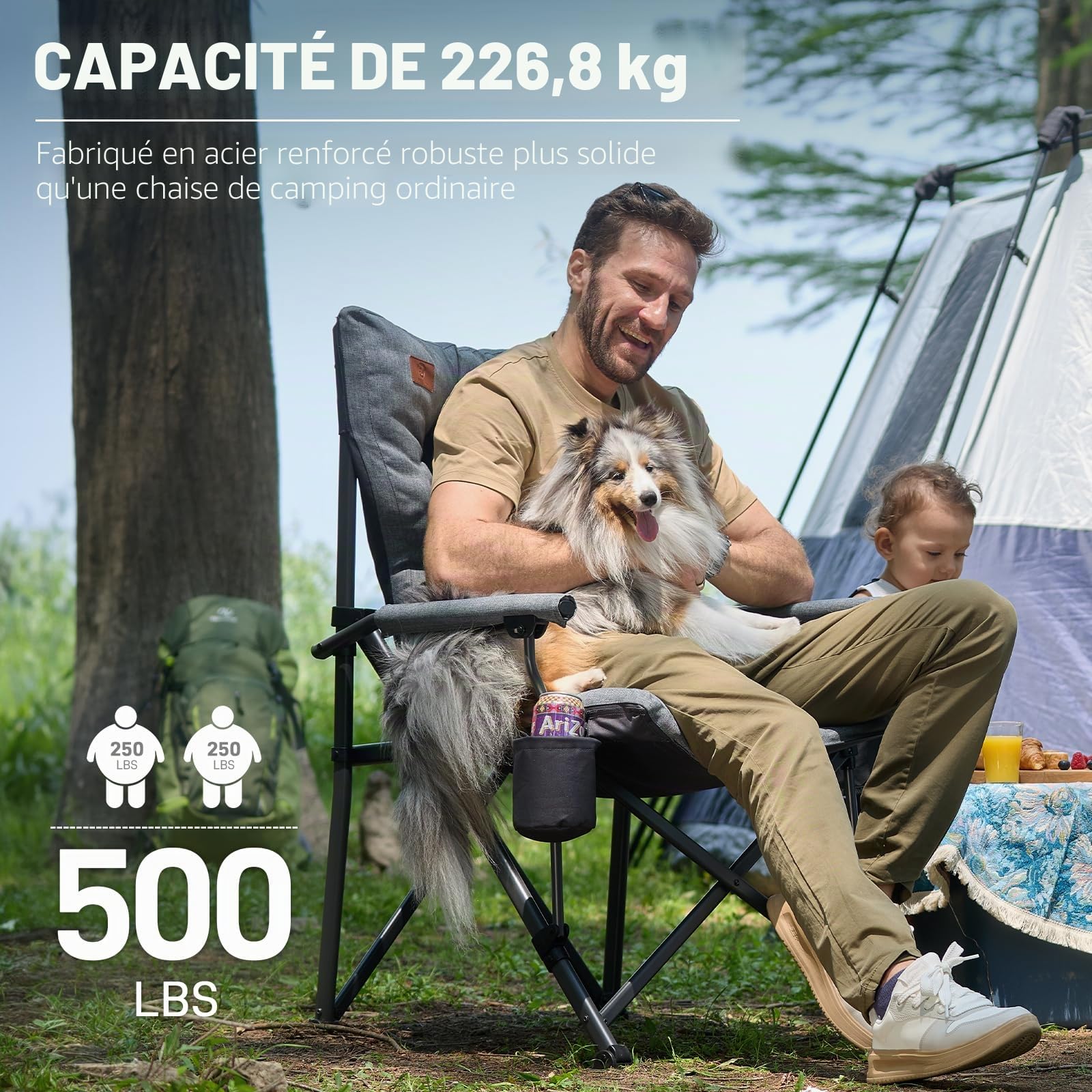 EVER ADVANCED Chaise Camping Pliable XL Assise rembourrée, 230kg | Chaise pliante largeur d'assise 62 cm avec poche latérale, porte-gobelet, surdimensionnée pour camping, extérieur, gris