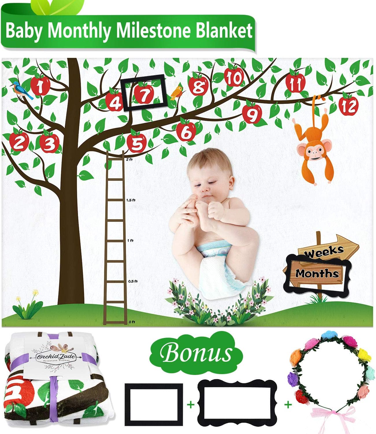 ALDOM Baby Monthly Milestone Blanket with Floral Wreath & Picture Frame Premium Flannel Baby Milestone Blanket Weeks and Months Best Photography Background Blankets 60"x 40"for Boy and Girl