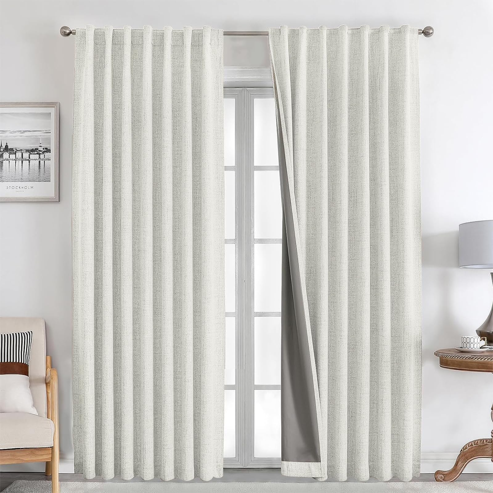 Joydeco 100% Blackout Curtains, 2 Pieces, Linen Curtains Bedroom with Pins, Anti Light Thermal Insulating Curtain Cold and Heat for Living Room (2 x 245 x 140, Light Beige)