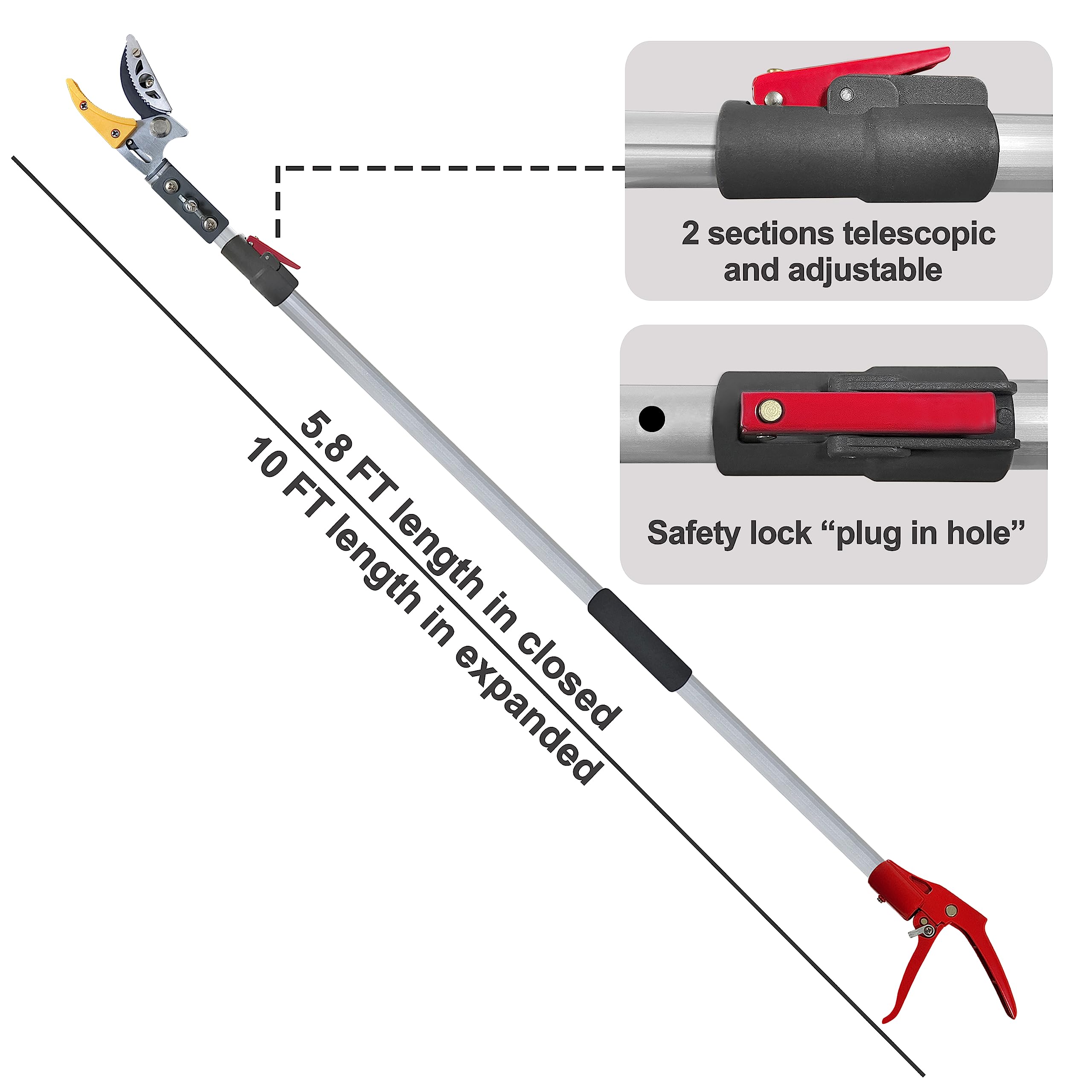 Prunrt Telescopic Tree Trimmer 5.8-10 FT with 2 Section, 4 Node Adjustable, Cut and Hold Pruner, Pole Saw Extendable, Long Handle Fruit Picker, Branch Cutter, Loppers, Clippers With Hook