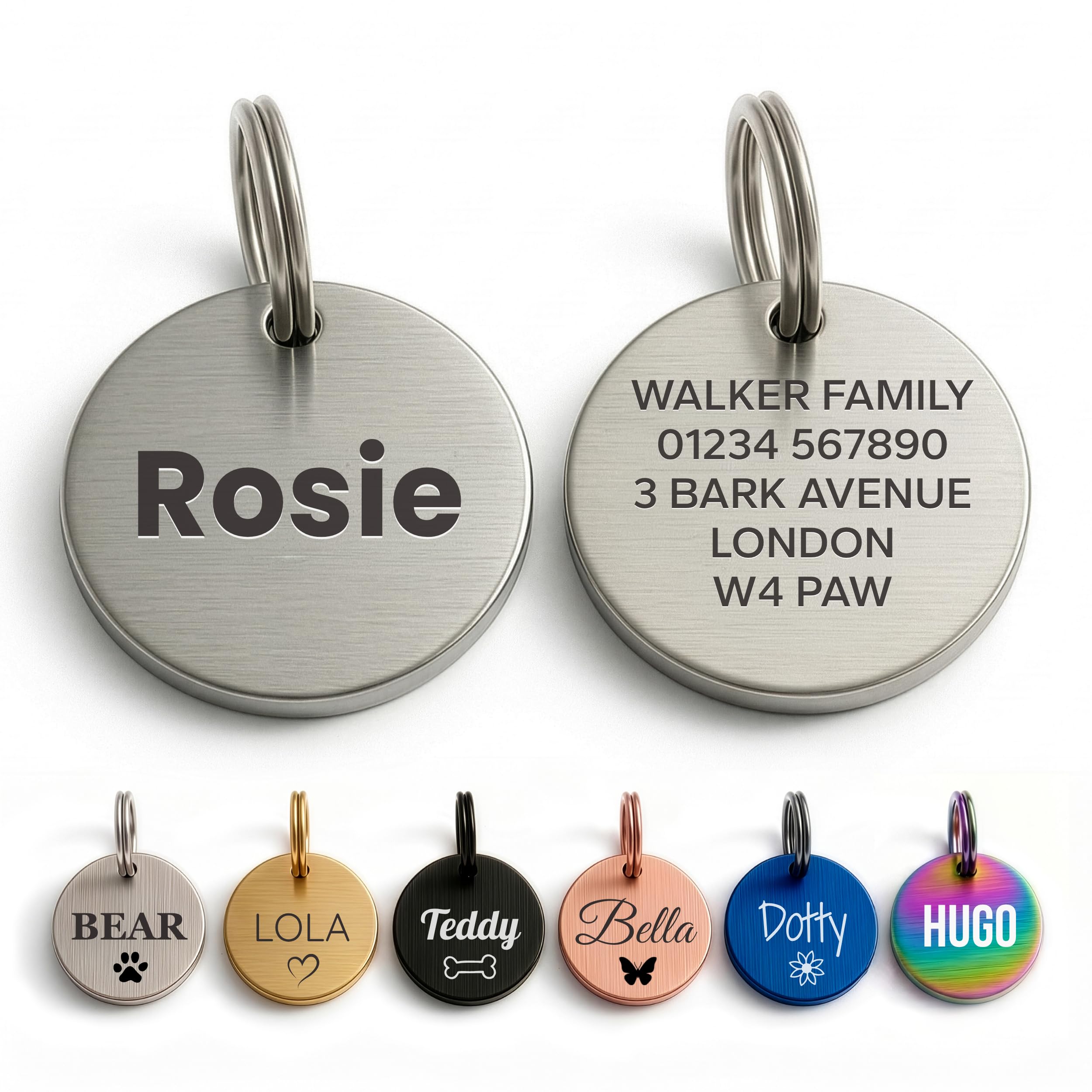 The Stately Hound Dog Tags for Pets Engraved UK, Silver Round, Small โ image 1