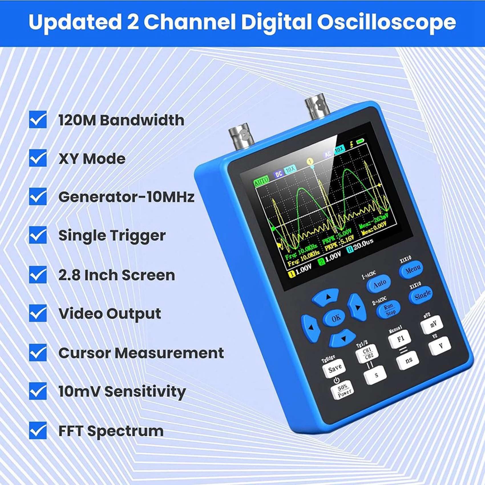Oscilloscope 2 canaux 120 MHz avec spectre et déclencheur