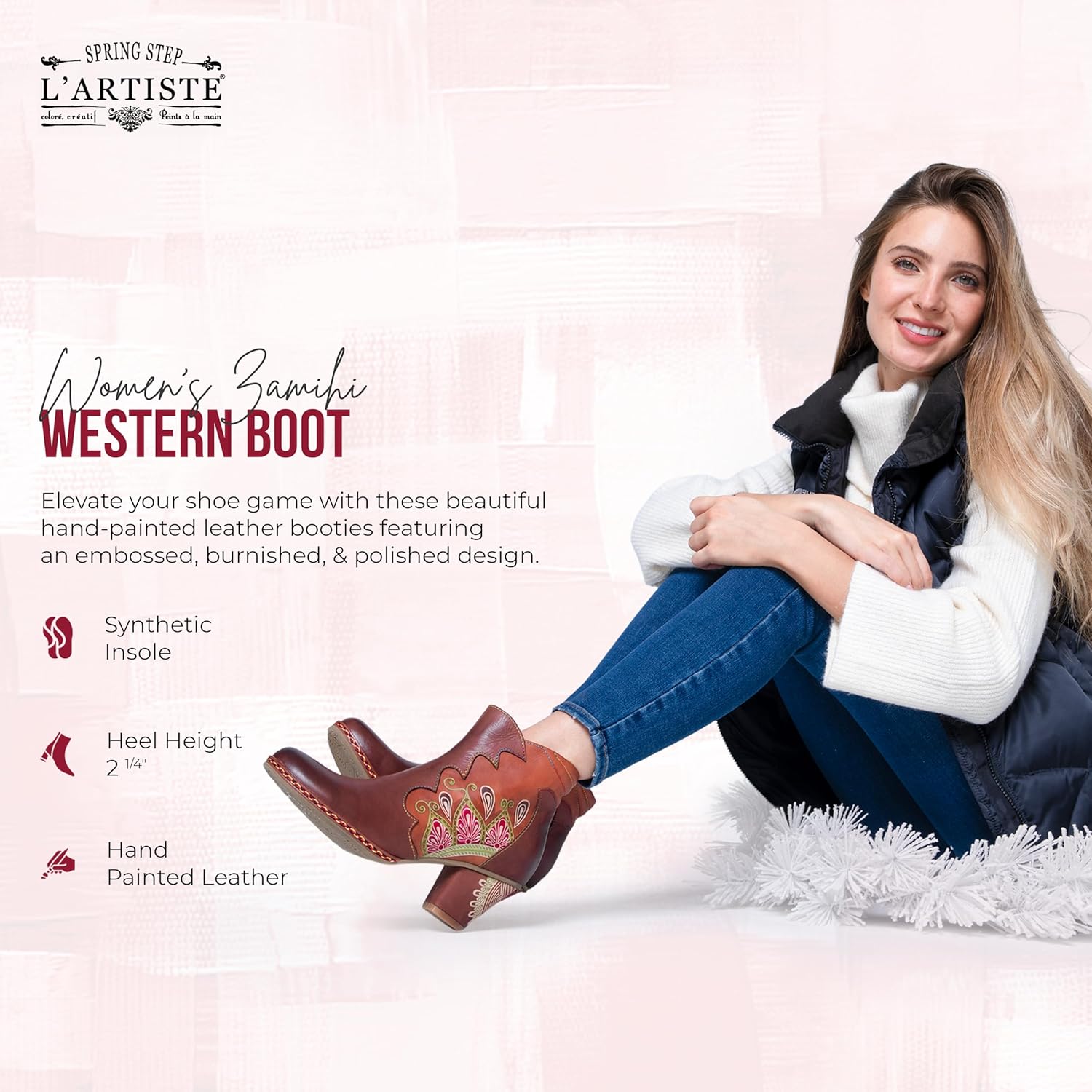 Spring Step L’Artiste Women’s Zamihi Western Boot – Hand-Painted Leather Burnished Polished Design – Padded Insole, Inside Zipper, Flexible Sole, 2¼" Heel