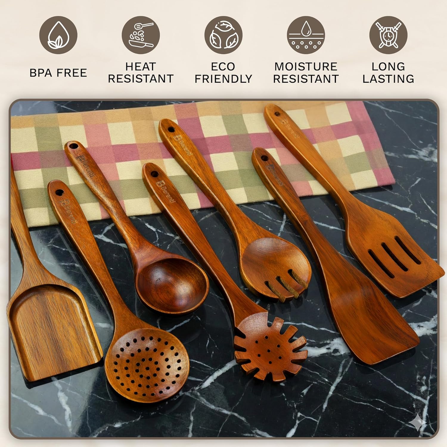 Wooden Spoons for Cooking – 7-Piece Acacia Wood Kitchen Utensil Set, Wooden Spurtles & Paddle Tools, Nonstick Safe Cooking Utensils Set Wood for Everyday Kitchen Use - Image 5