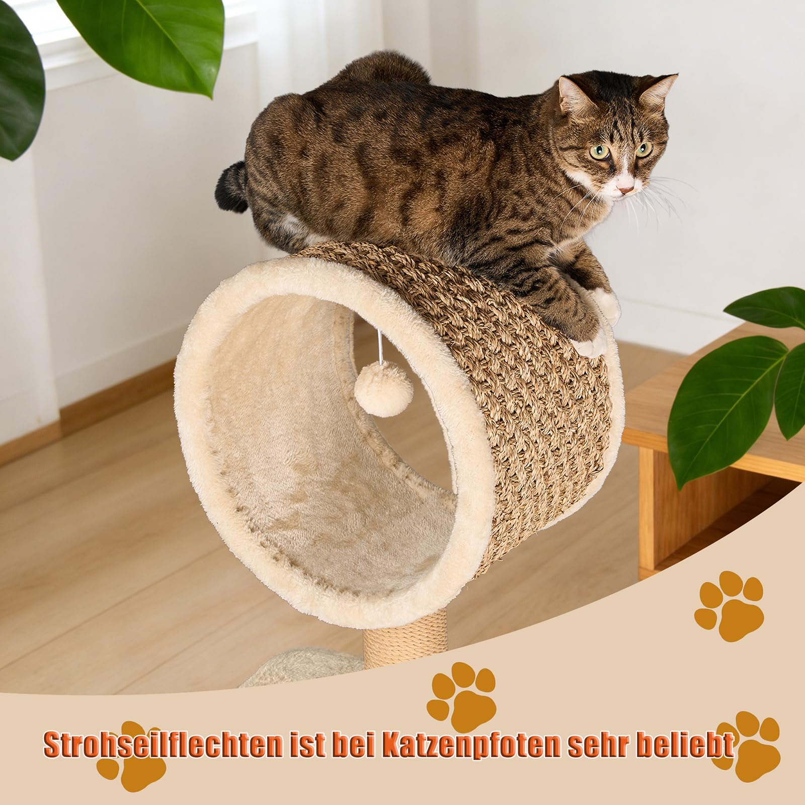 Kratzbaum Modern mit Sisal Kratzsäulen & Handgestrickter Höhle – Stabiler Katzenbaum aus Natürlichem Seegras – Umweltfreundliches Kletterbaum Katzenzubehör für Wohnungskatzen 95 cm