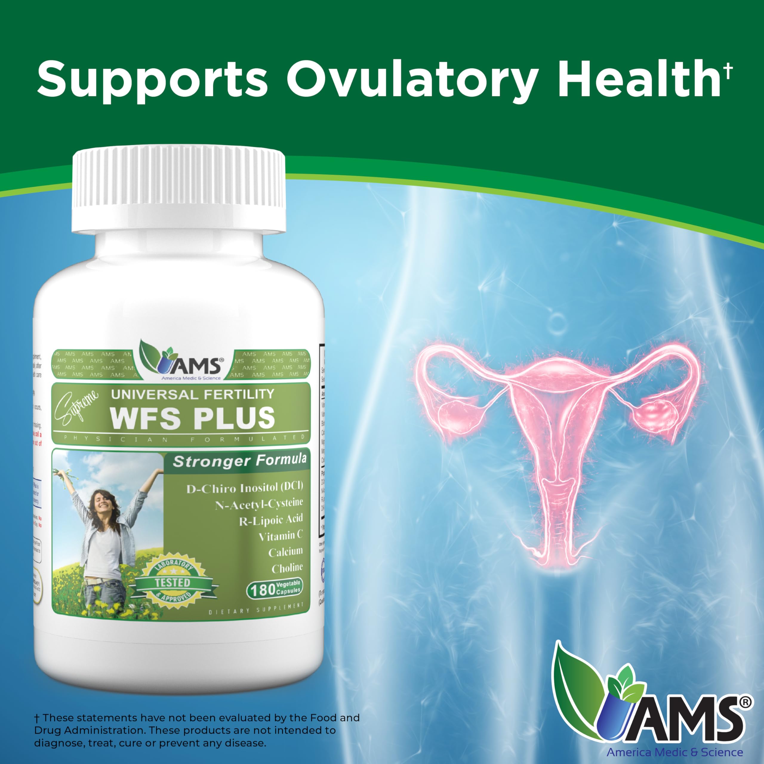 America Medic & Science WFS Plus Fertility Supplements for Women (180 Capsules) Supports Ovulatory Health | Natural Preconception Vitamins, Reproductive Aid, with D-Chiro Inositol, DHA — Amazon image 3