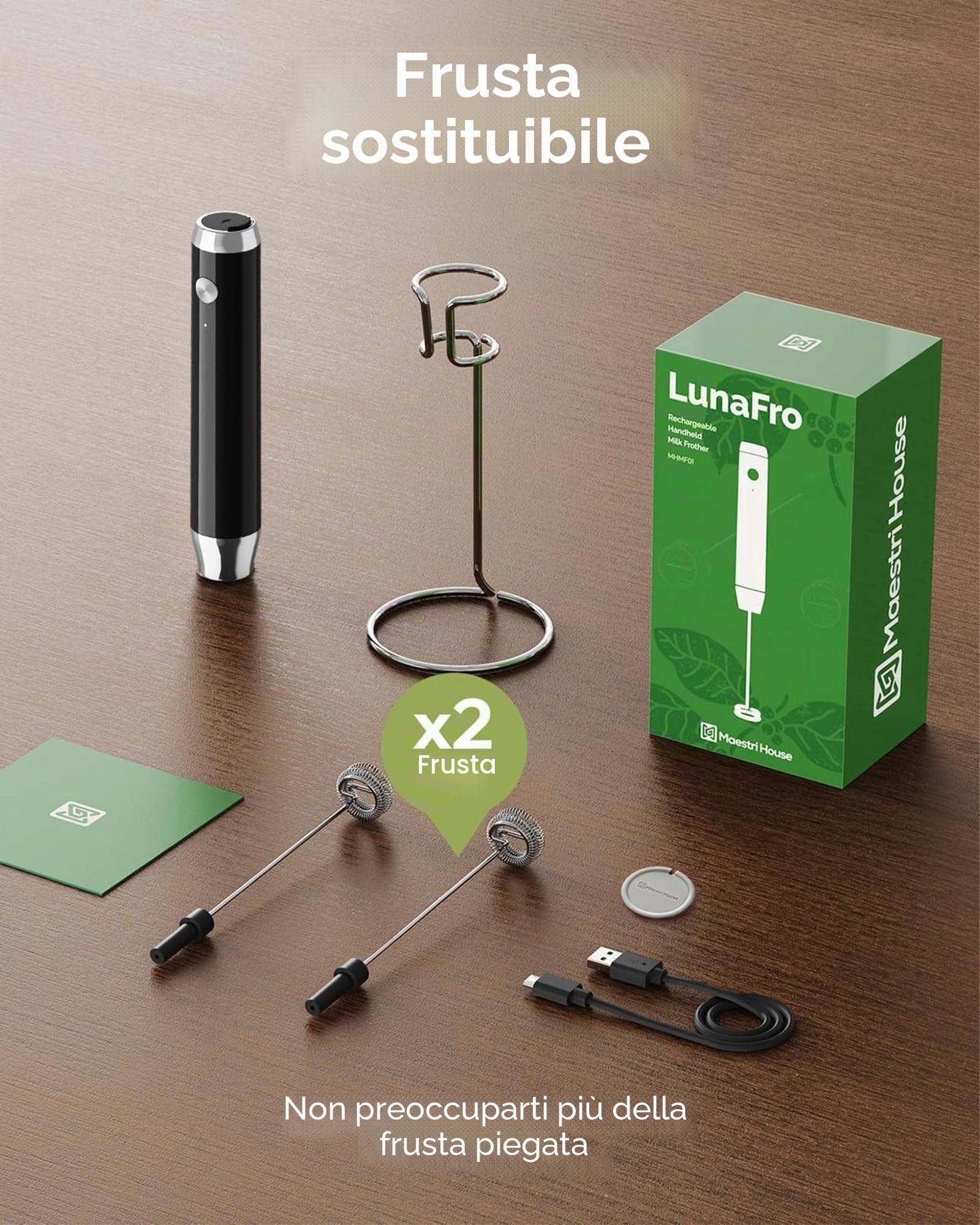 Maestri House Montalatte Elettrico, Impermeabile Portatile Frullino Montalatte Cappuccinatore Elettrico, Potente Frullatore in Acciaio Inox per Latte, Matcha, Cappuccino,