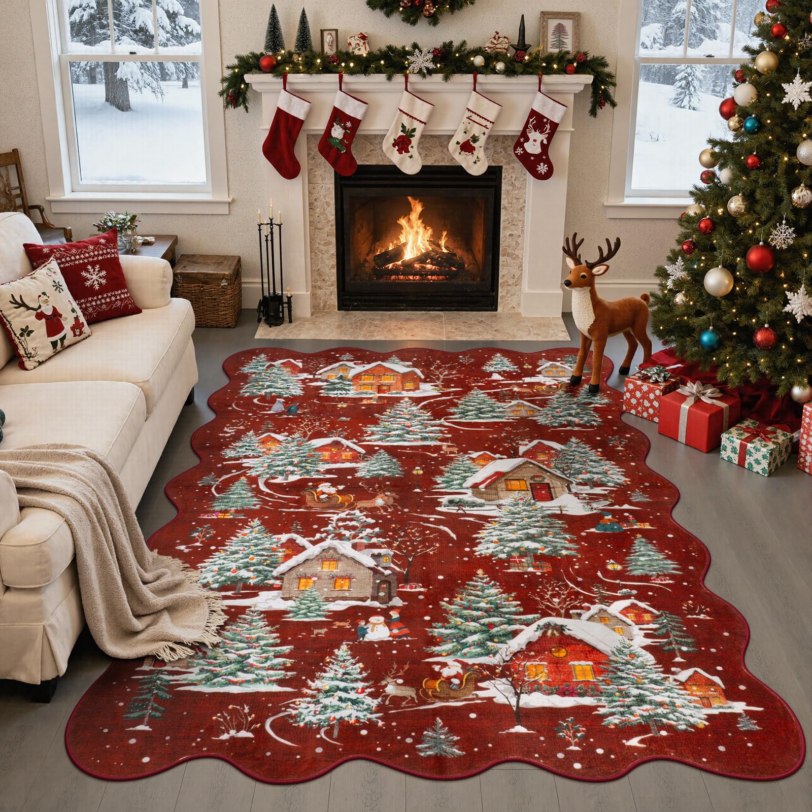 Collive Christmas Rugs for Bedroom 5x7 Red Washable Area Rug Non Slip Soft Ultra-Thin Christmas Tree Santa Claus