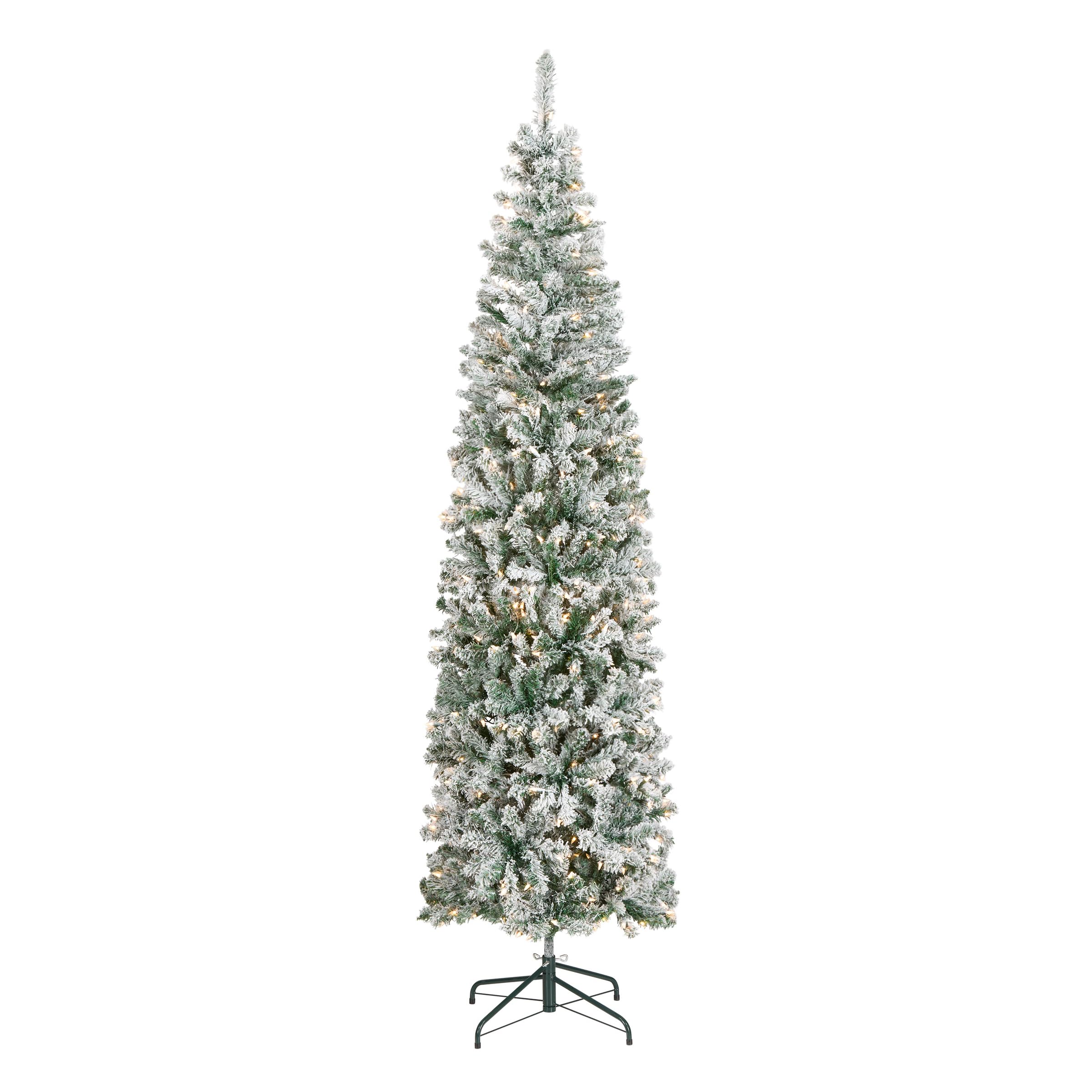 7.5 ft Pre-Lit Flocked Acacia Slim Artificial Christmas Tree, 350 Clear Lights, 641 Tips, Includes Stand, Green