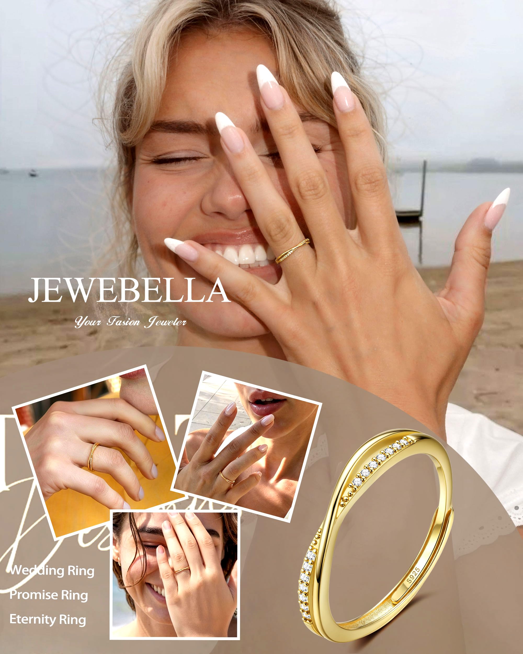 JeweBella Ring Damen Silber 925 Verstellbare Zirkonia Ring Silber/Gold/Roségold Minimalistisch Eheringe Verlobungsring Trauringe Fingerring Damen Schmuck