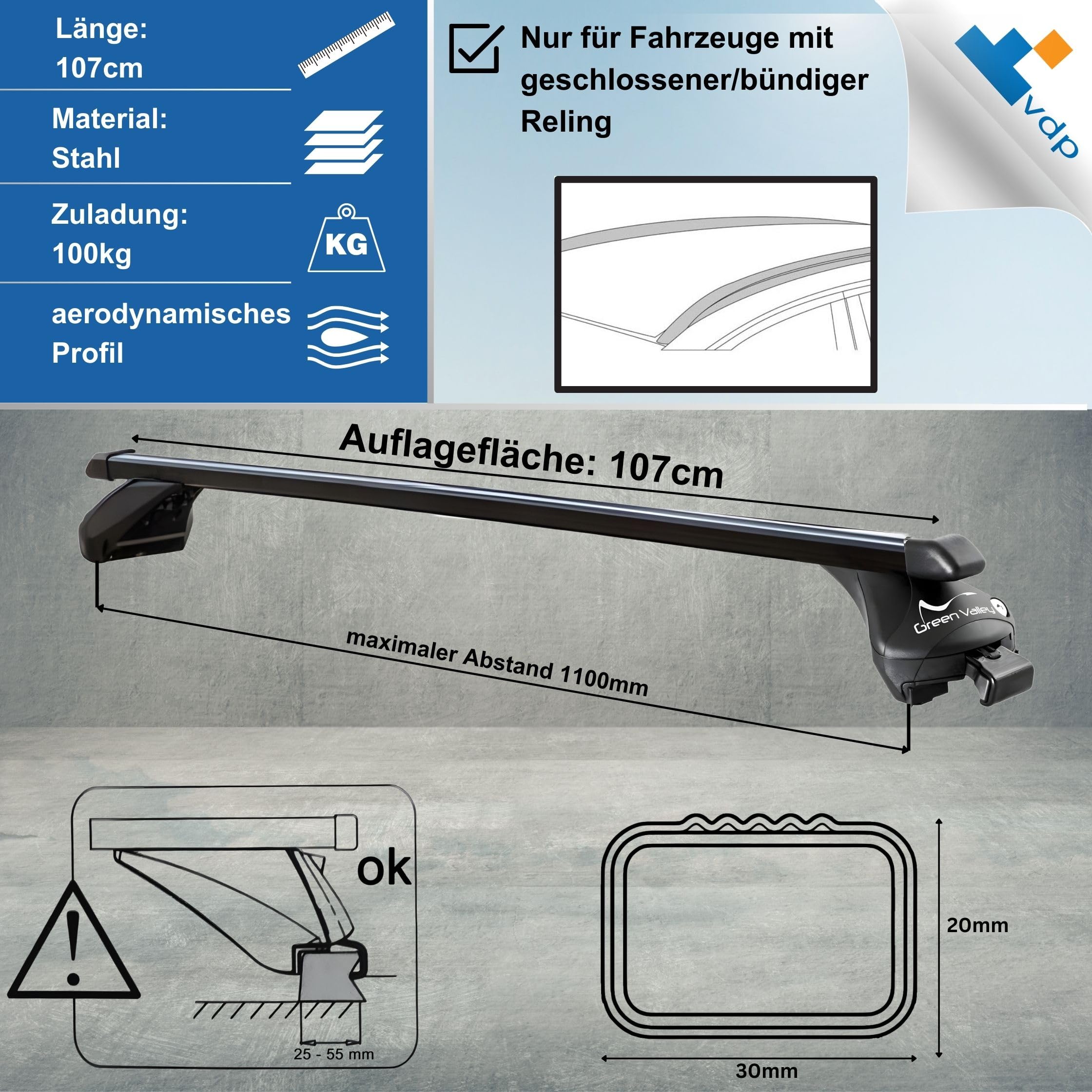 universal Dachträger Quick Relingträger 107cm bis 100kg für aufliegende Dachreling