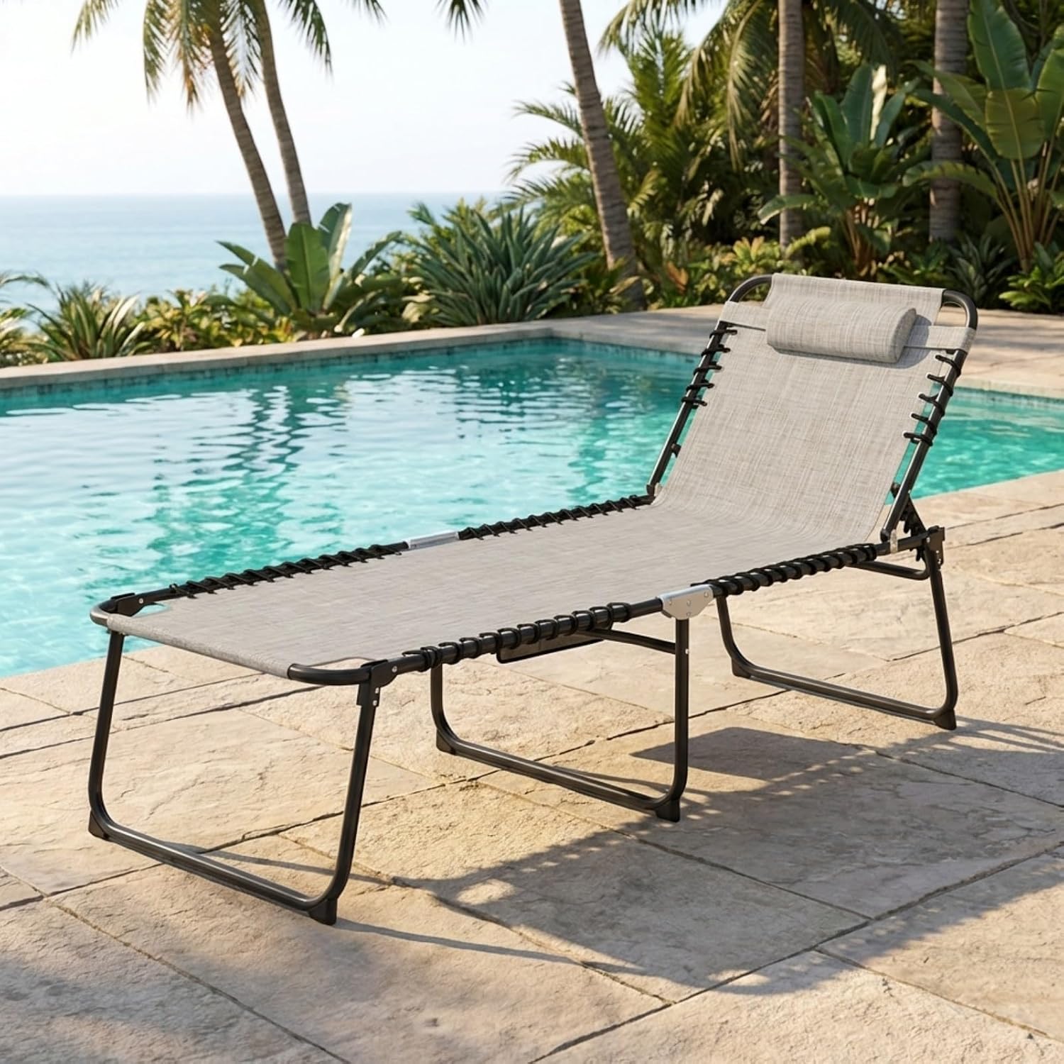 Tangkula Beach Lounge Chair Outdoor, Folding Tanning Sunbath Chair with 4 Backrest Positions, 2 Leg Positions, Pillow, Side Pocket, Portable Camping Recline Chair for Lawn, Poolside, Support 440lbs